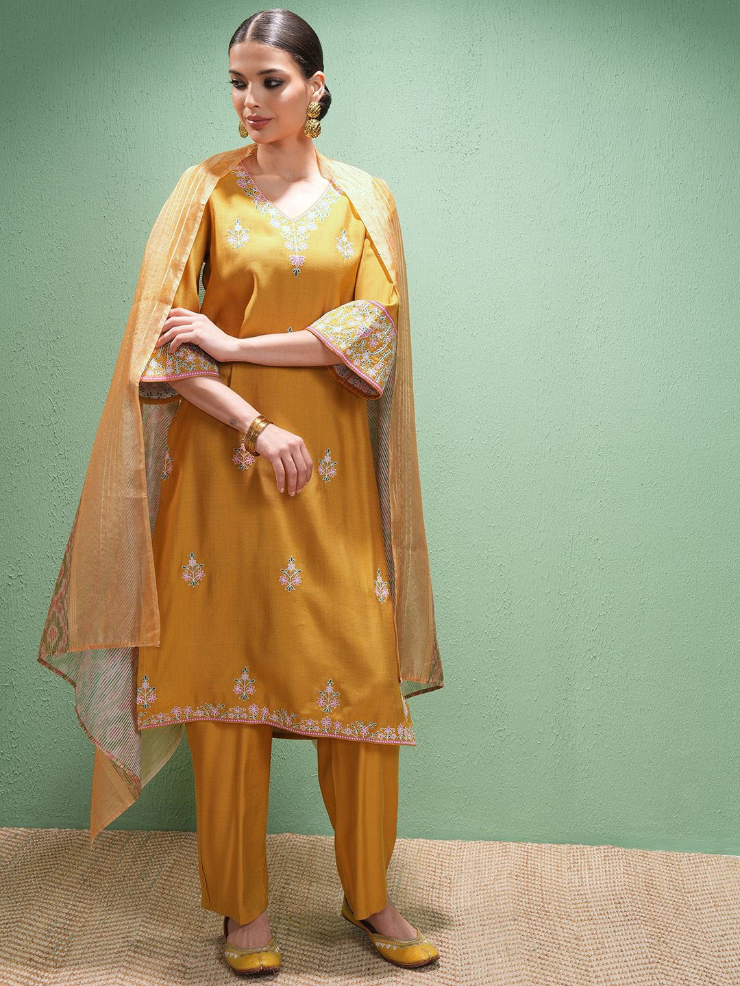 

Vishudh Women Ethnic Motifs Embroidered Regular Thread Work Kurta with Trousers & With Dupatta, Mustard