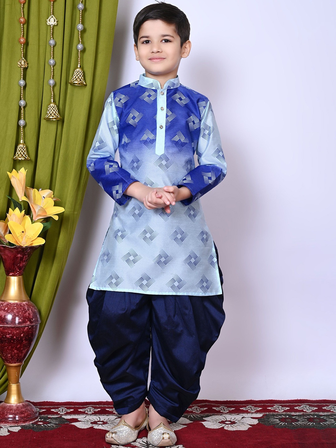

Cae Boys Printed Regular Dupion Silk Kurta with Patiala, Turquoise blue