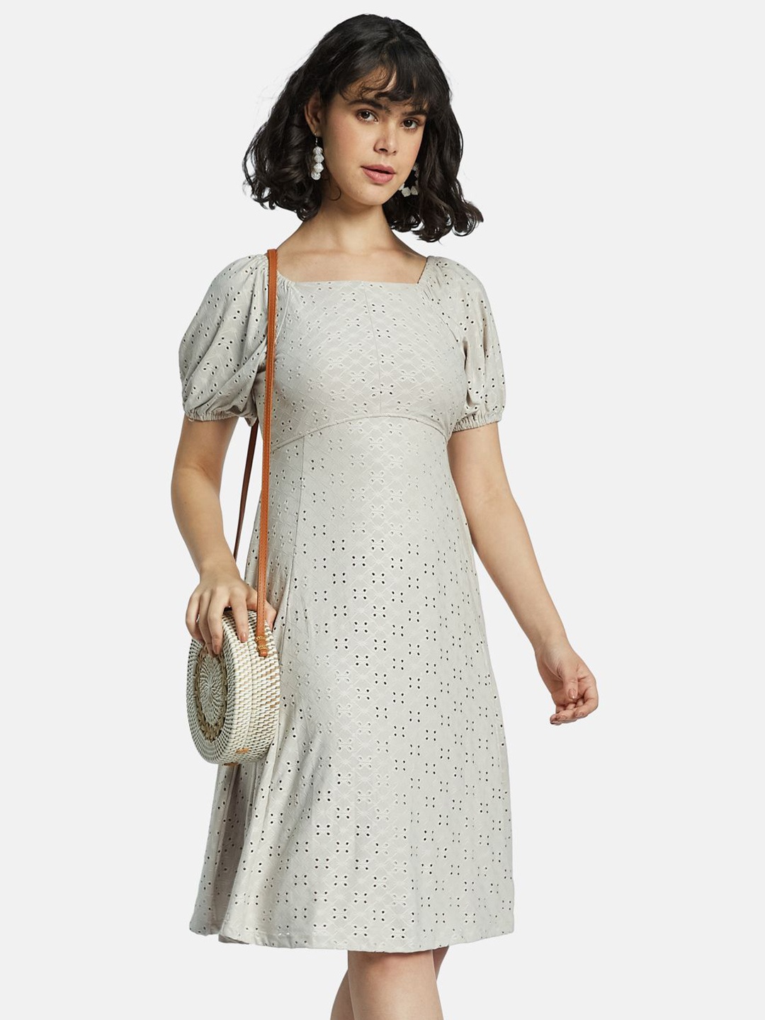 

METTLE Puff Sleeve A-Line Dress, Grey