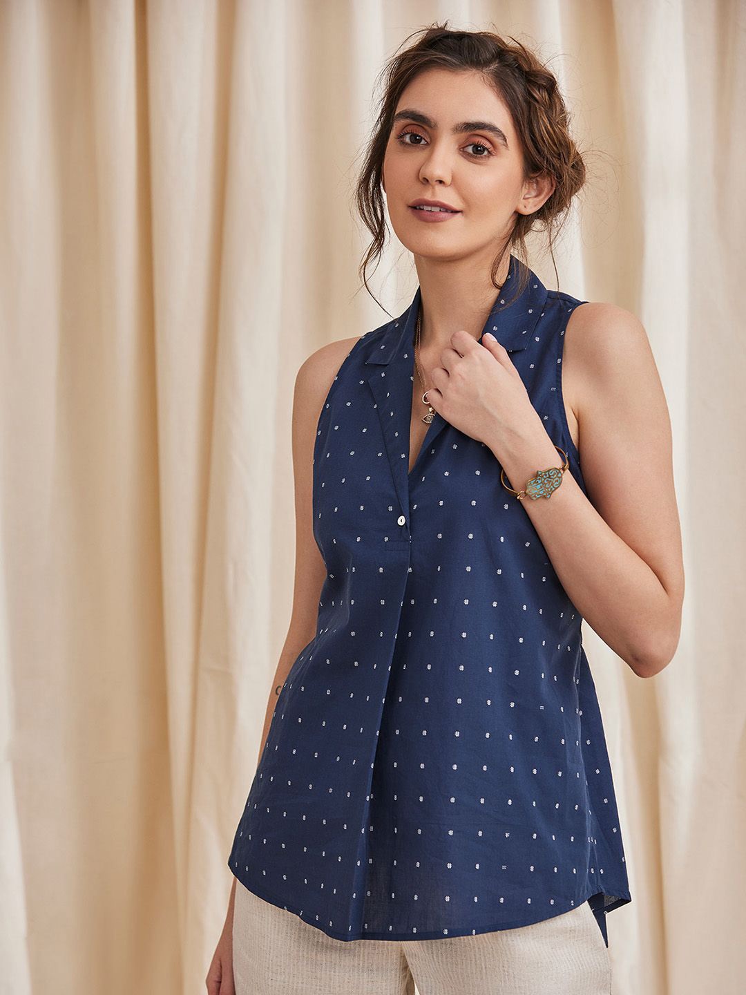 

B77 Geometric Print Tie-Up Neck Organic Cotton Top, Navy blue