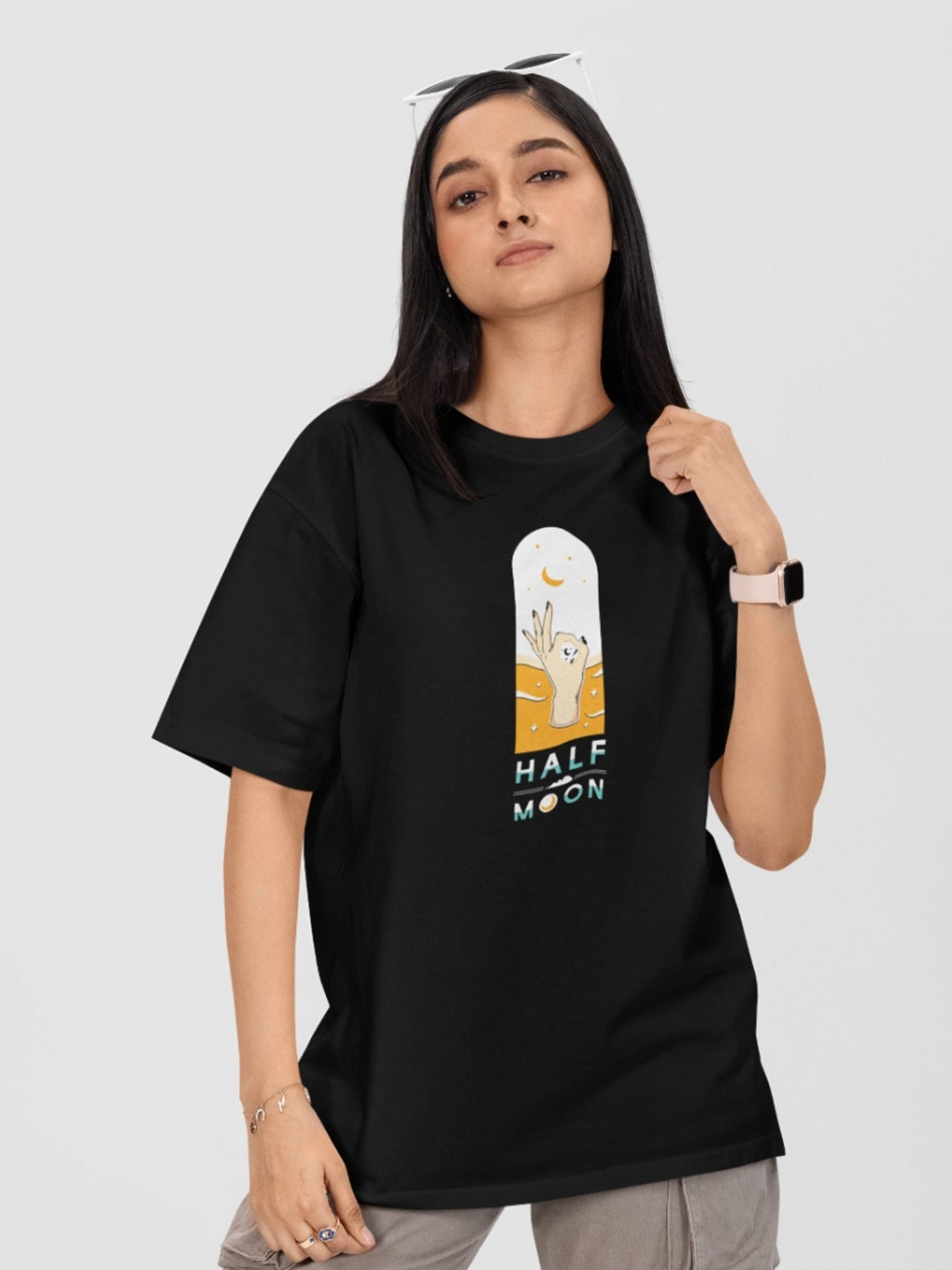 

Moda Rapido Women Printed Drop-Shoulder Sleeves Applique T-shirt, Black
