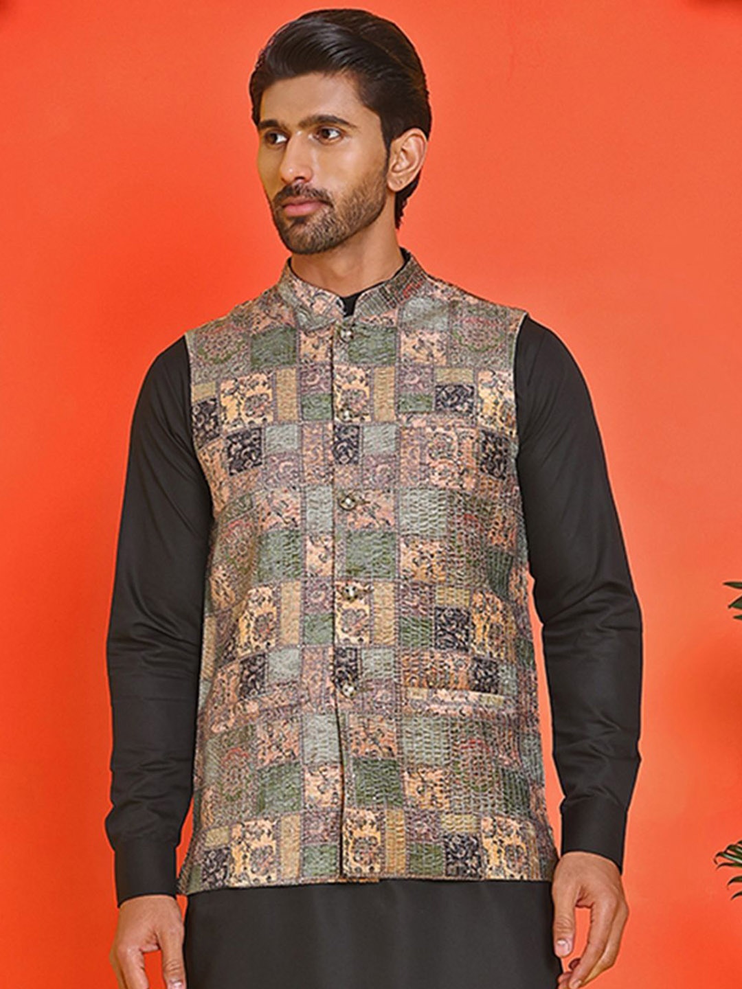 

Jompers Embroidered Mandarin Collar Nehrujacket, Peach