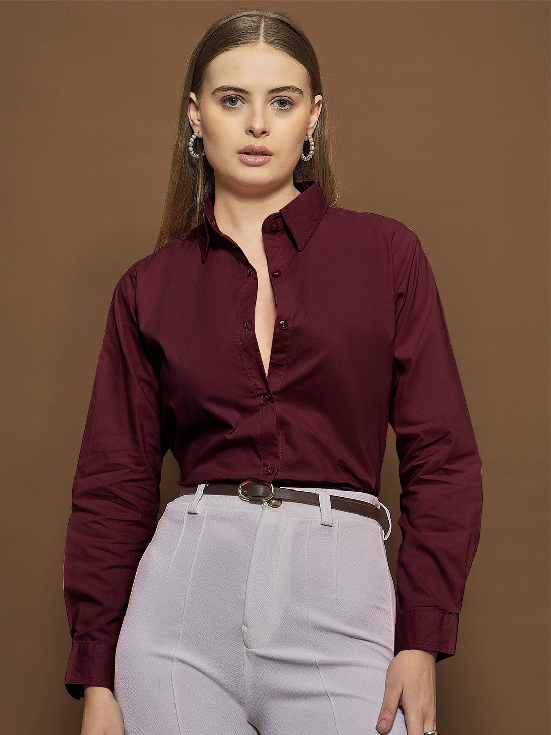 

The Roadster Lifestyle Co Women Cotton Spread Collar Shirt, Burgundy