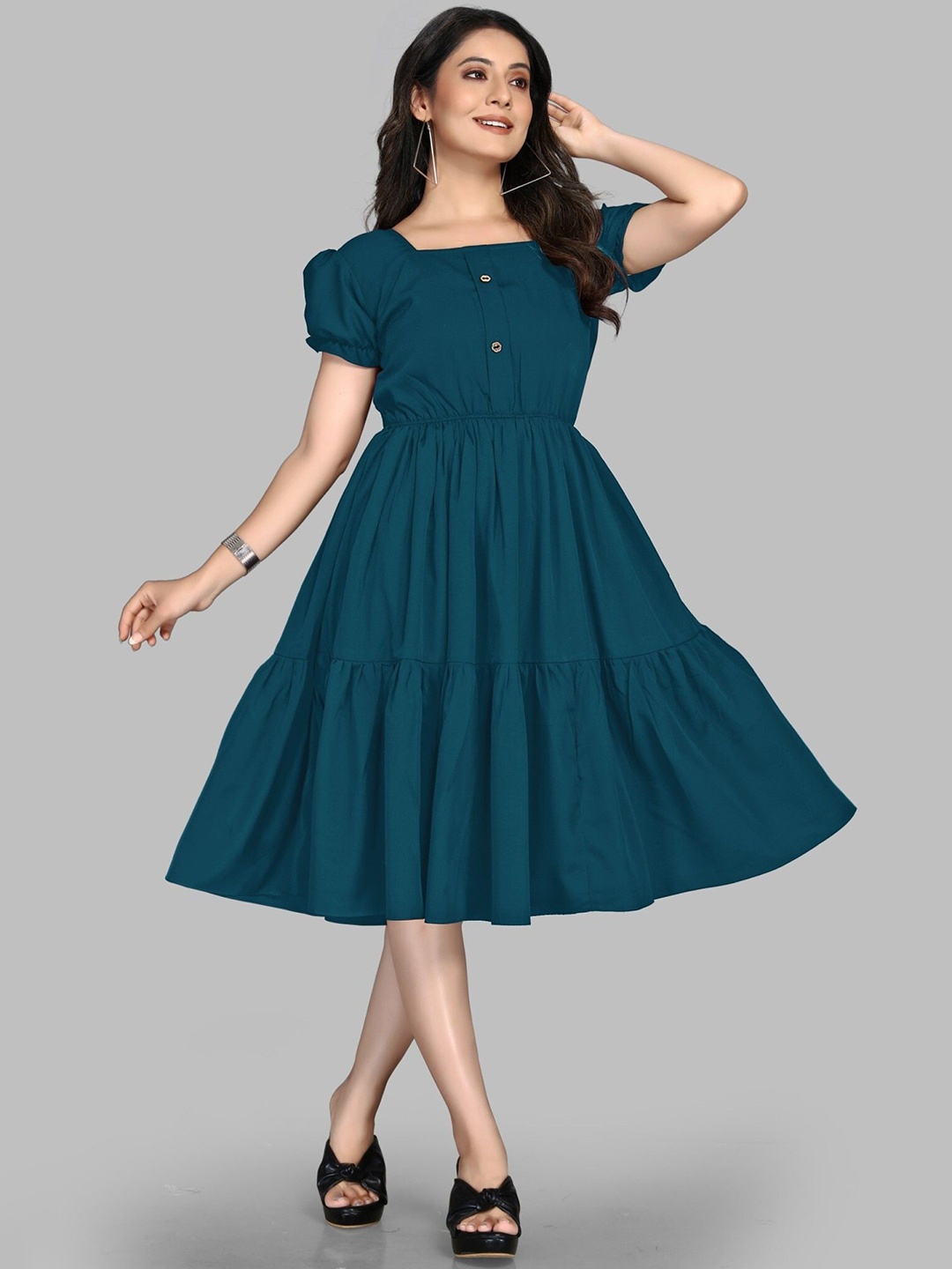 

Jash Creation Applique Crepe Fit & Flare Dress, Blue