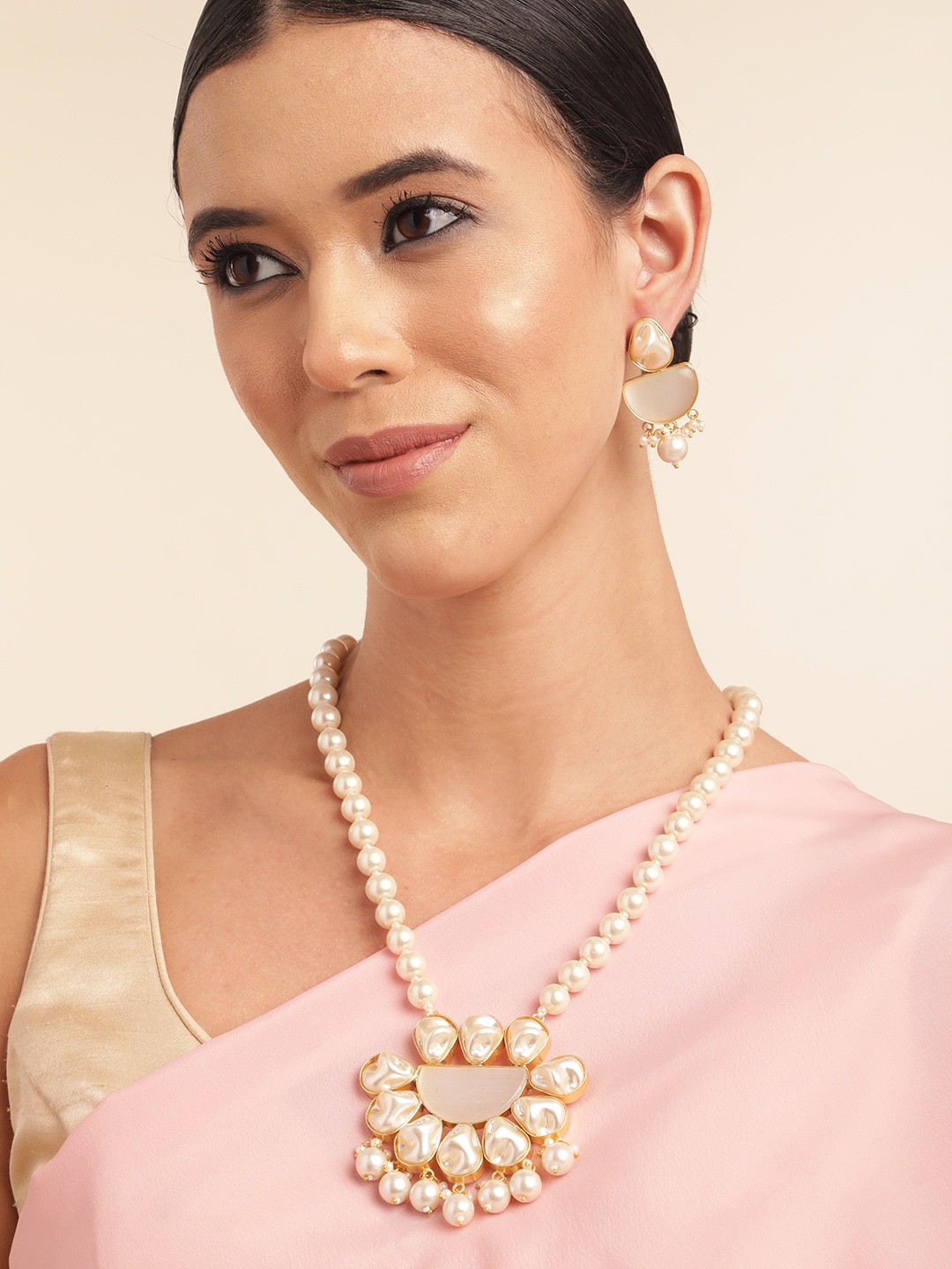 

Anouk Gold Plated Beaded & MOP Studded Premium Necklace & Earring Set, Off white