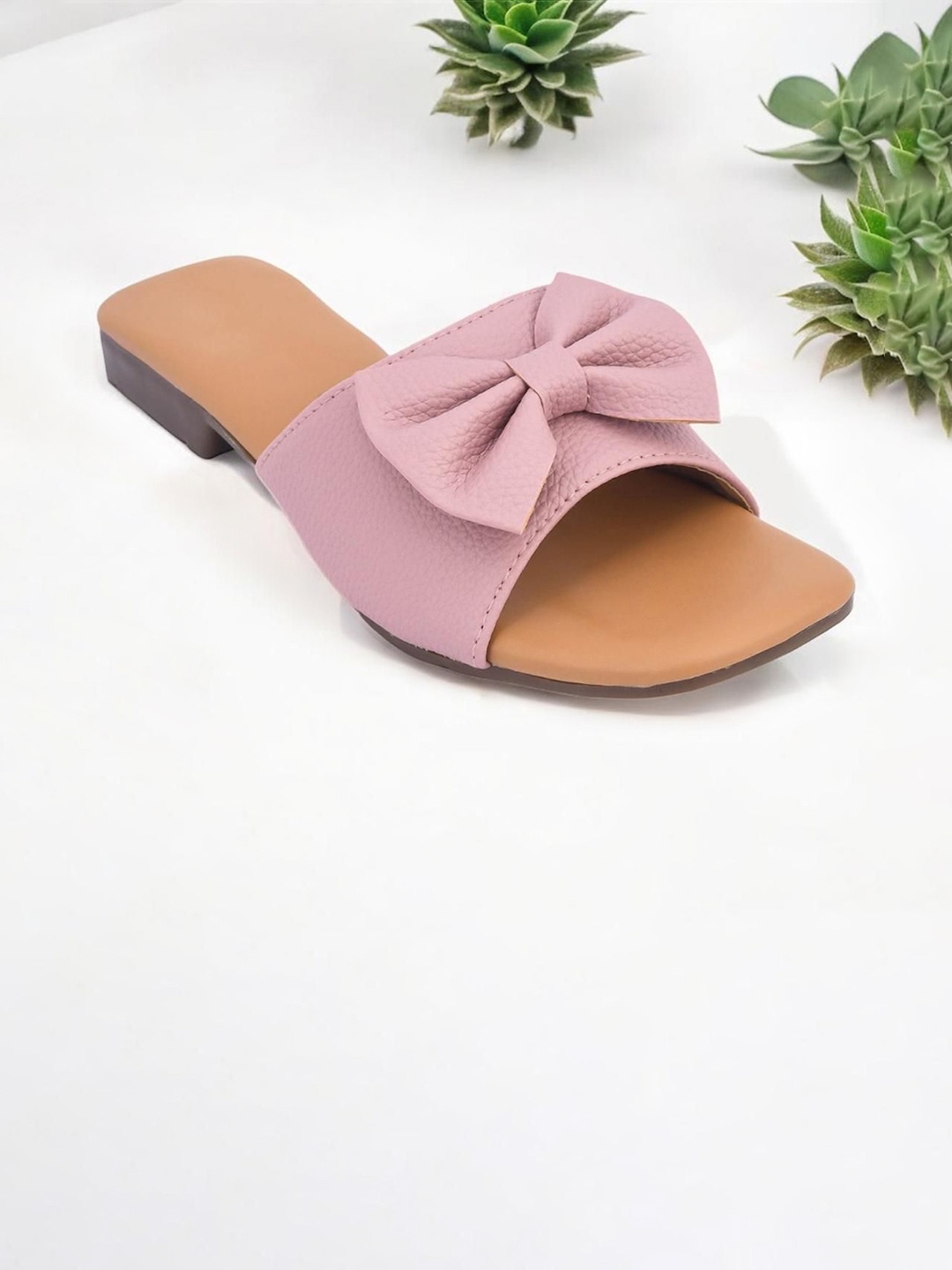 

GERIEF Women Open Toe Flats with Bows, Rose gold