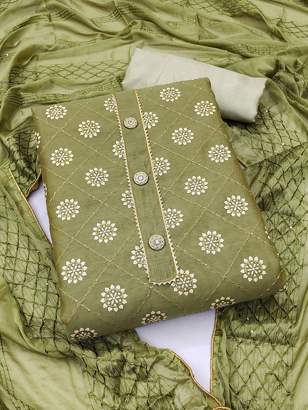 

SAINOOR Printed Semi-Stitched Dress Material, Green
