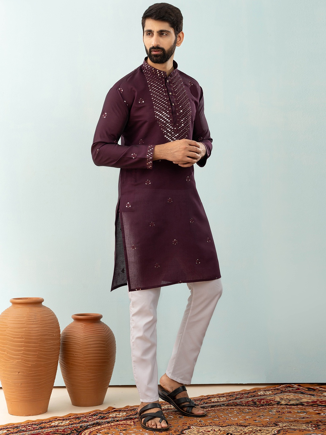 

Shiv Leela Men Embroidered Mirror Work Kurta, Brown