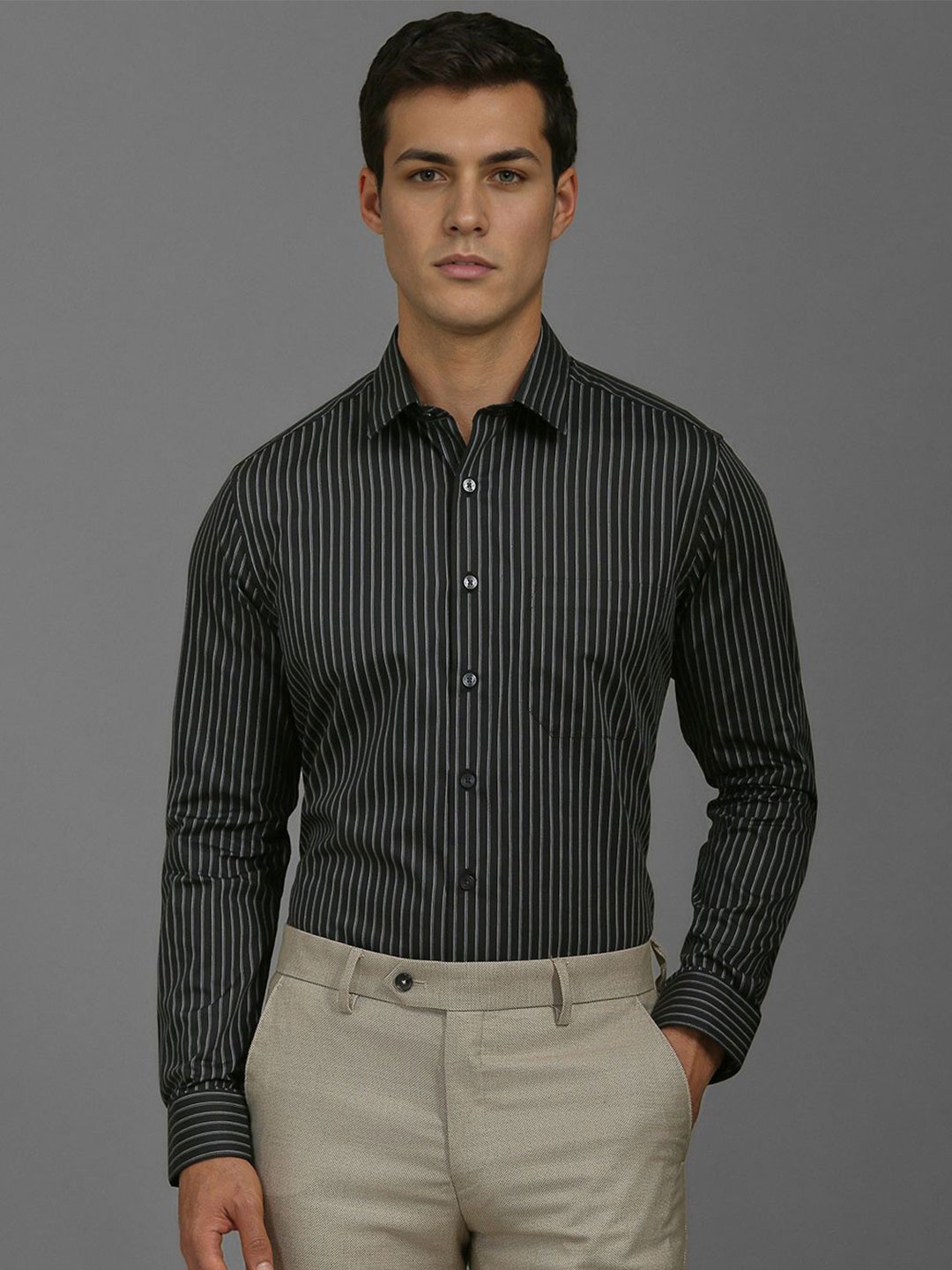 

Louis Philippe Men Slim Fit Opaque Striped Formal Shirt, Black