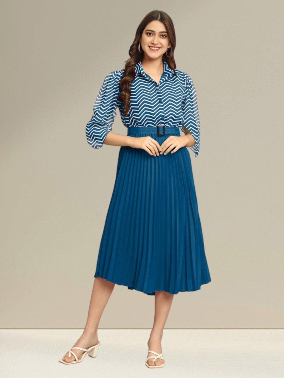 

Raiyani Fashion Striped Applique Georgette Fit & Flare Midi Dress, Blue