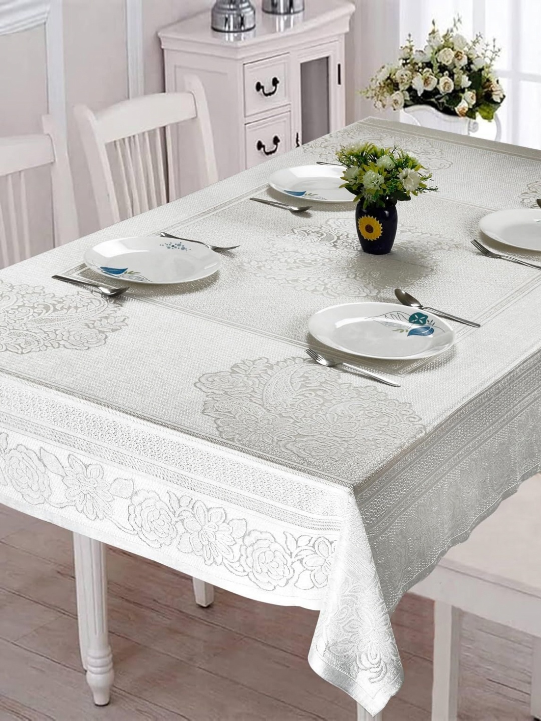 

Homerz Off White Floral Cotton 6-Seater Table Cover