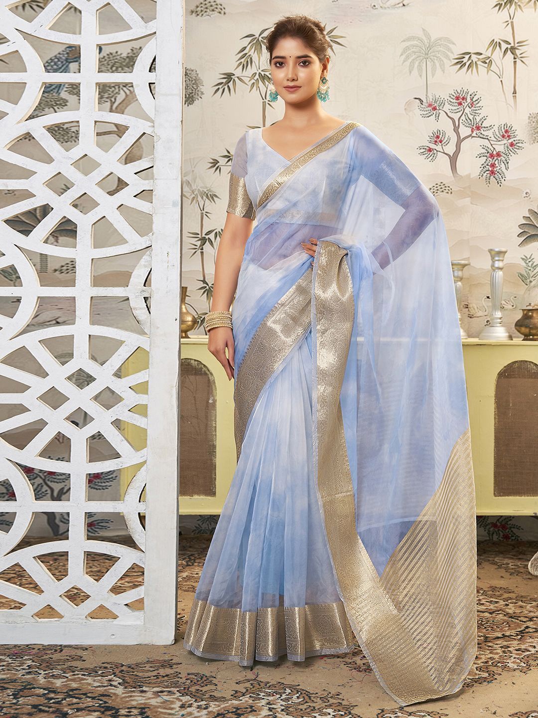 

DIVASTRI Zari Organza Banarasi Saree, Blue