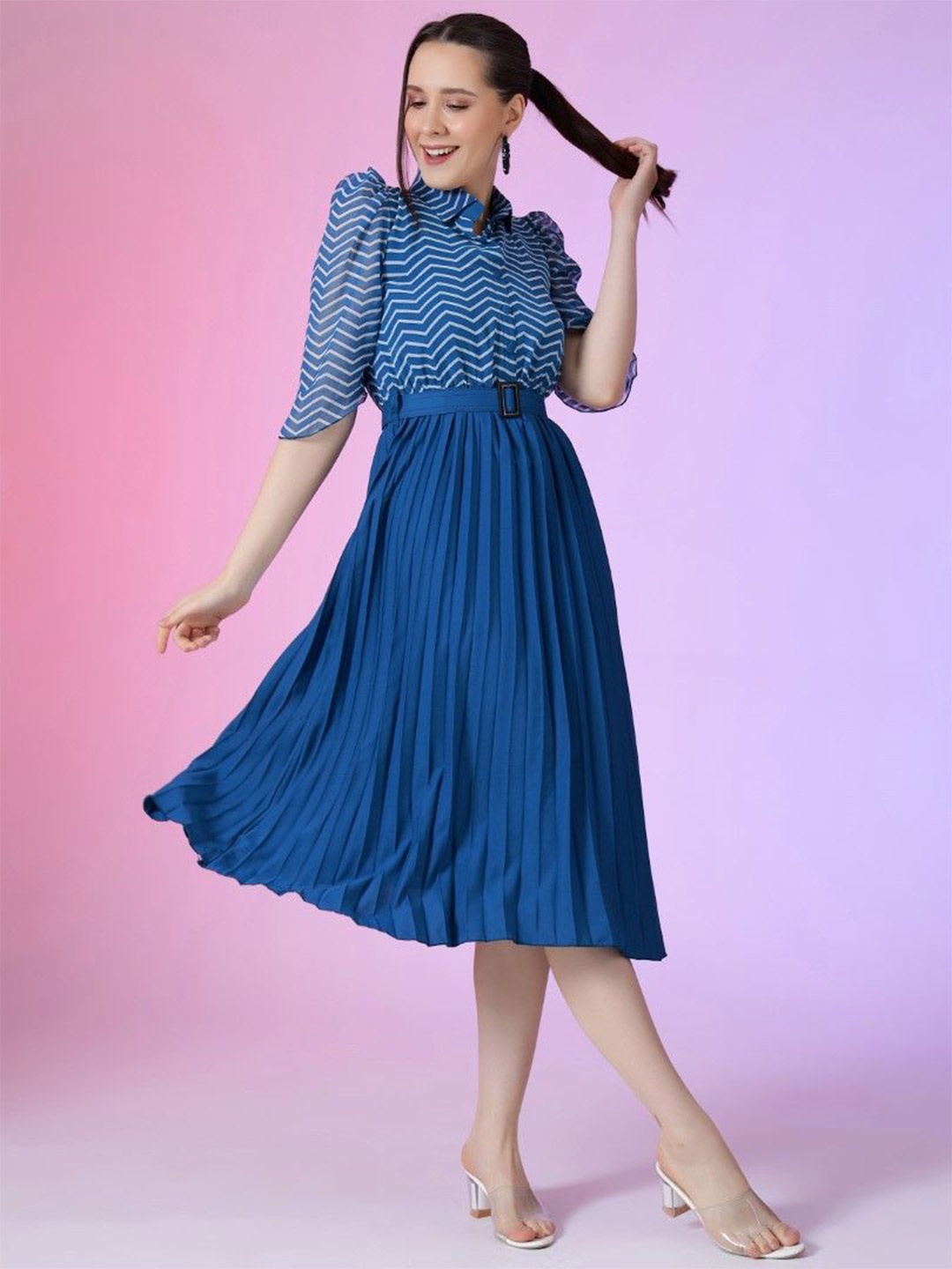 

Jash Creation Print Puff Sleeve Applique Georgette Fit & Flare Dress, Blue