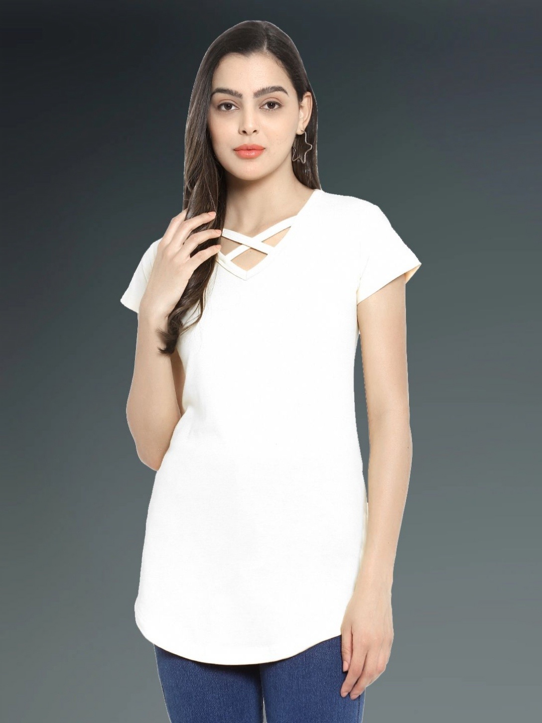 

Boldwink Women Floral V-Neck Slim Fit T-shirt, White