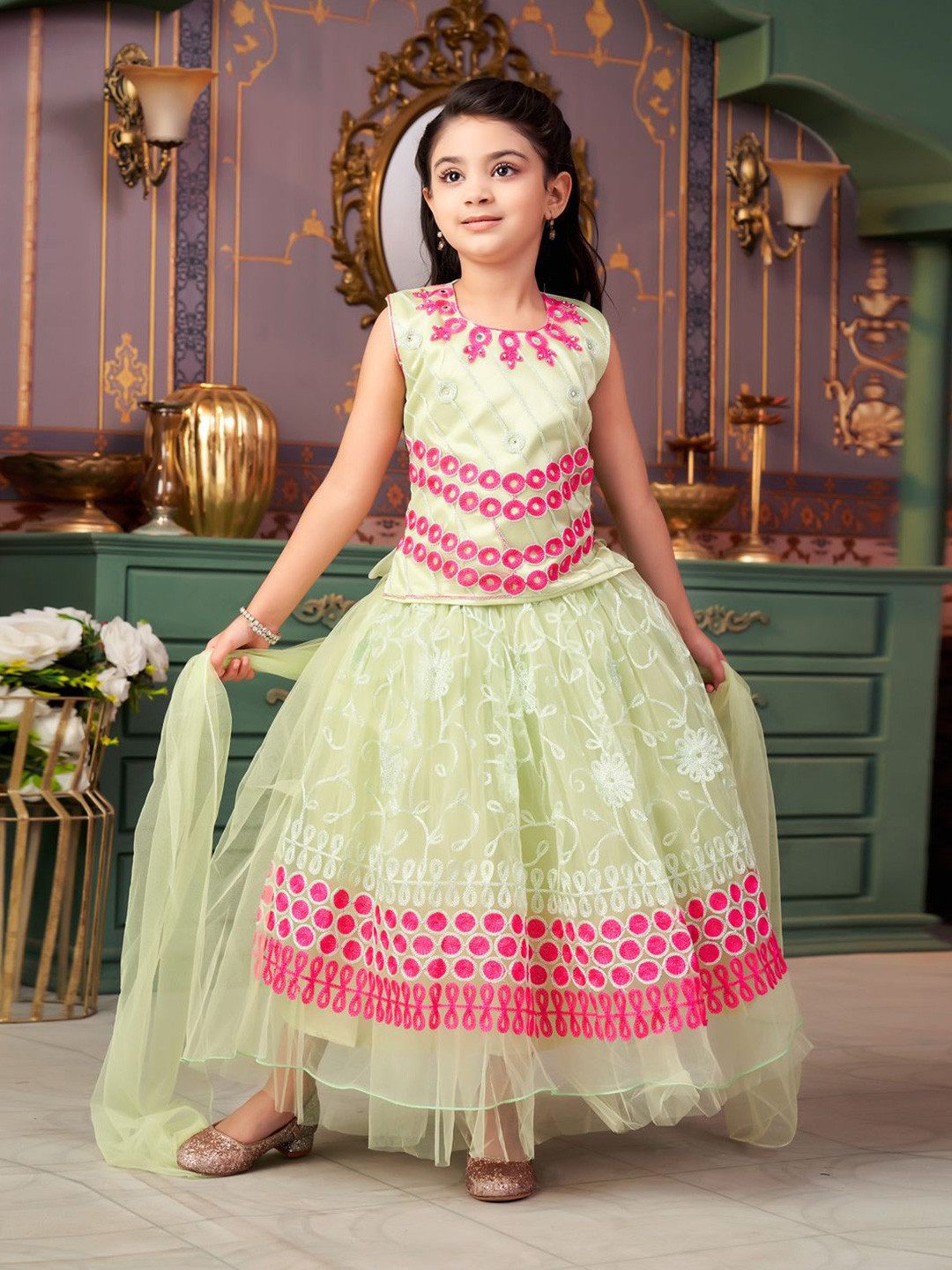 

Aarika Girls Embroidered Ready to Wear Lehenga & Blouse With Dupatta, Sea green
