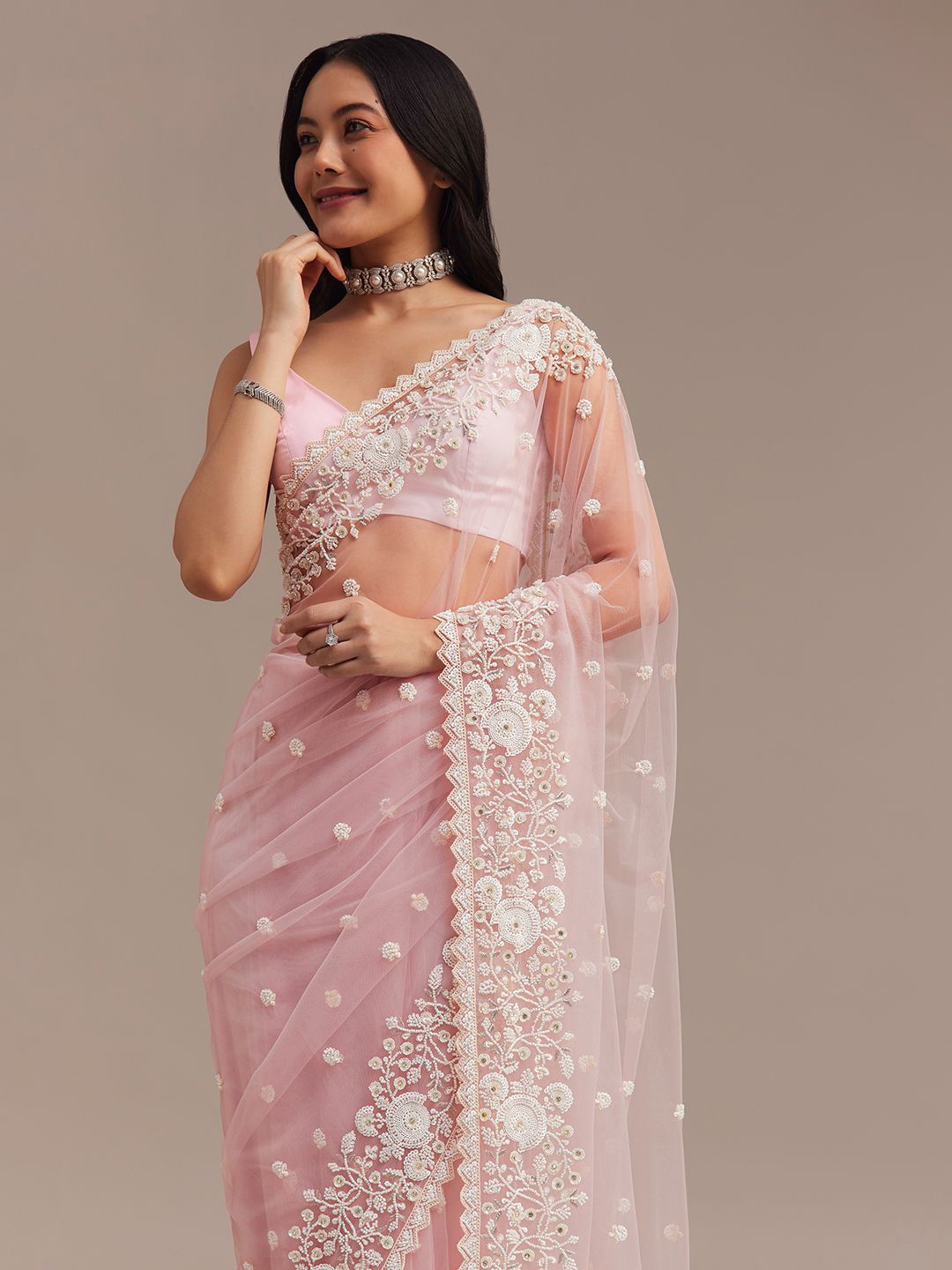 

KALKI Fashion Floral Embroidered Net Saree, Pink