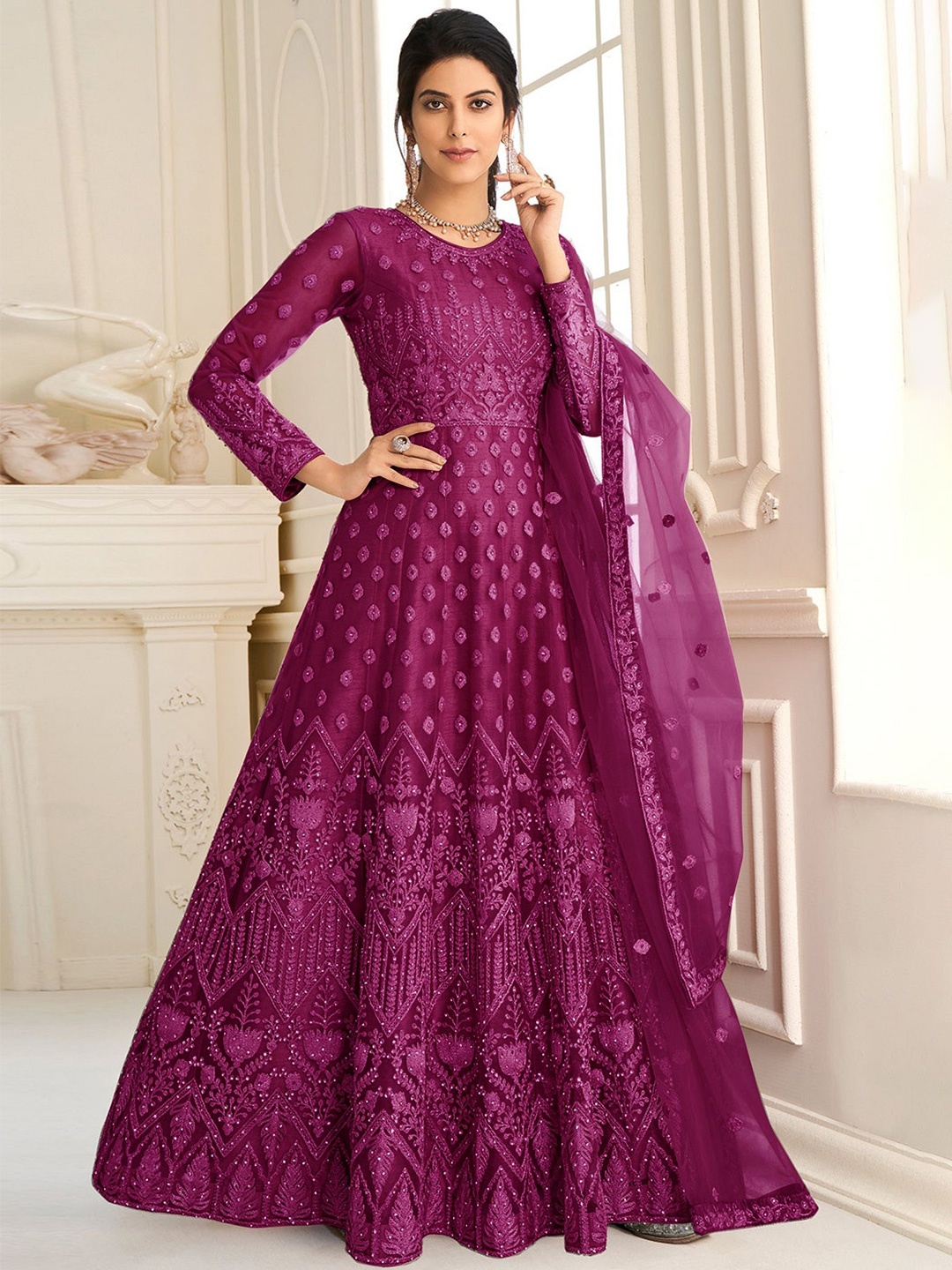 

JULEE Embellished Embroidered Net Fit & Flare Maxi Dress, Multi