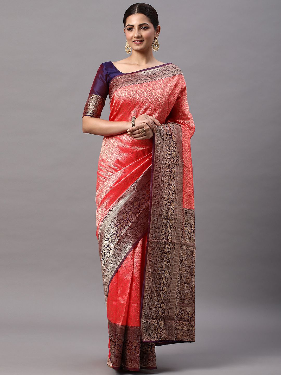

KALINI Woven Design Zari Silk Blend Kanjeevaram Saree, Pink