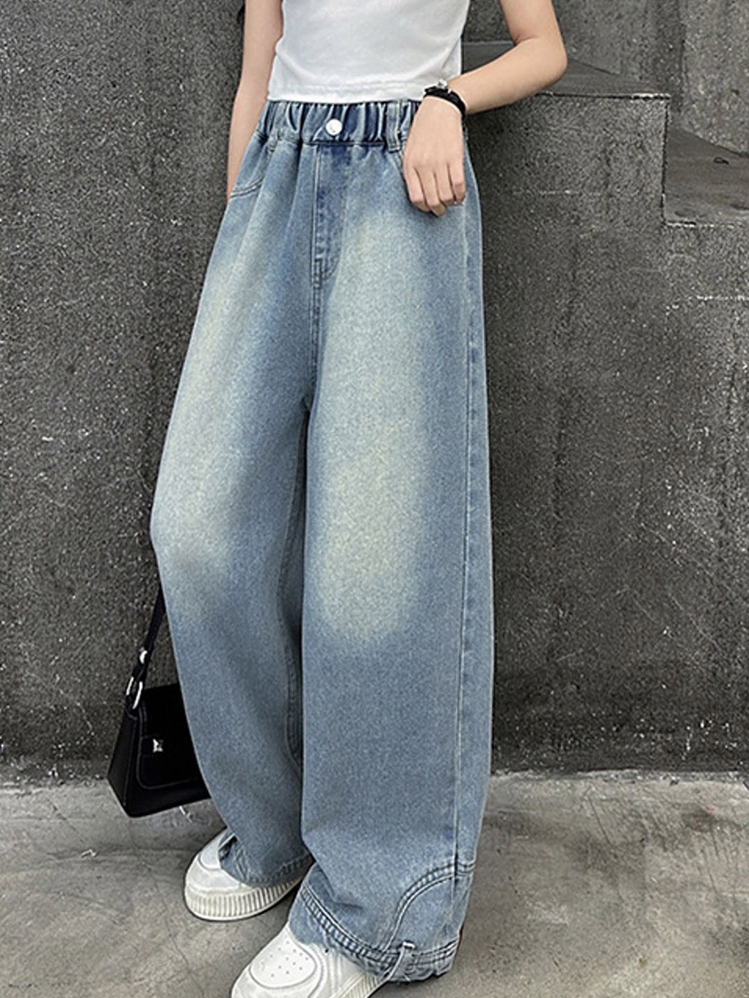 

LULU & SKY Girls Wide Leg High-Rise Low Distress Heavy Fade Jeans, Blue
