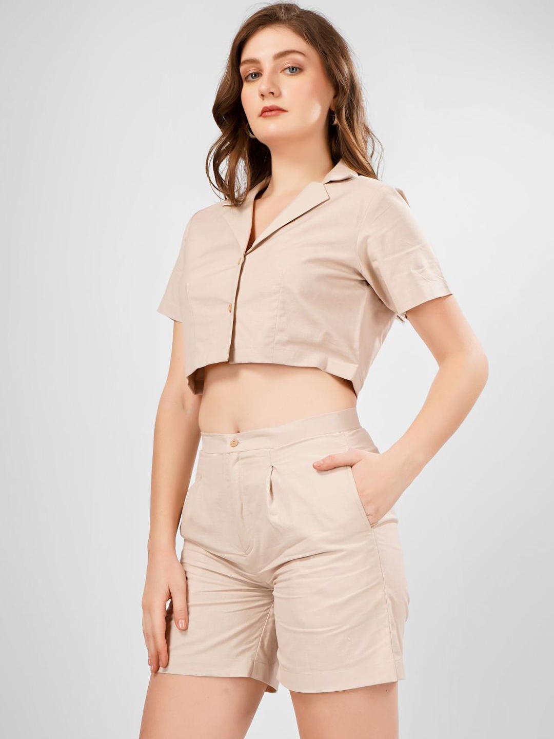 

Shirt Collar Neck Shirt With Shorts Co-Ords, Beige