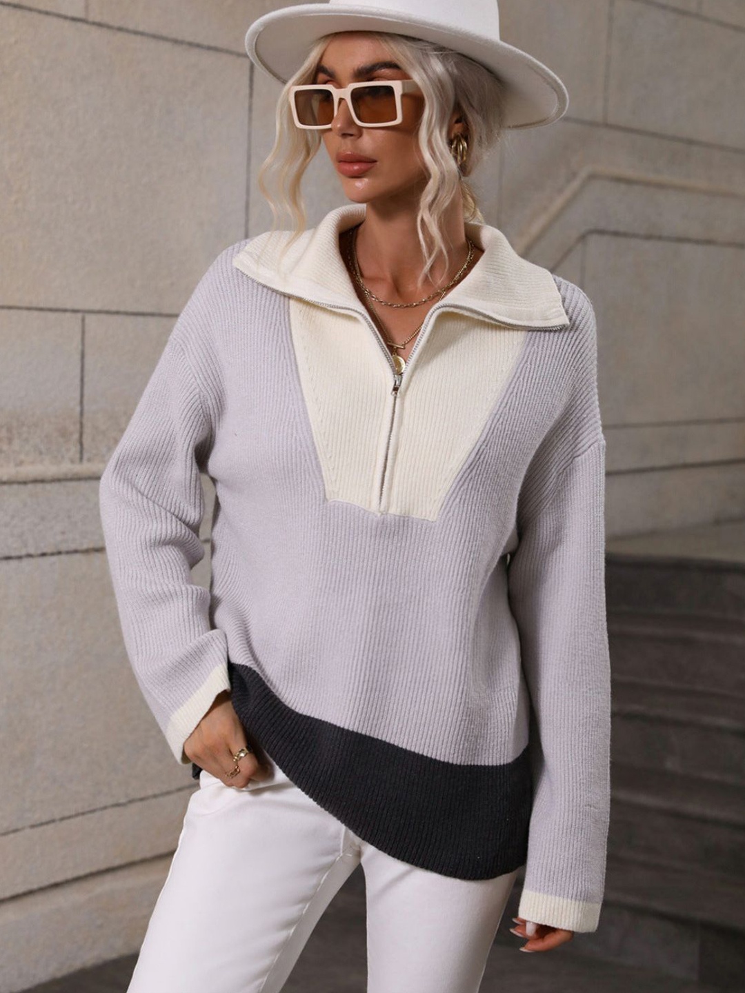 

Oh Rare Women Colourblocked Pullover, Grey