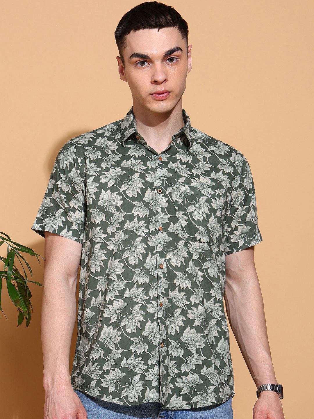 

Anouk Men Slim Fit Floral Opaque Printed Casual Shirt, Green