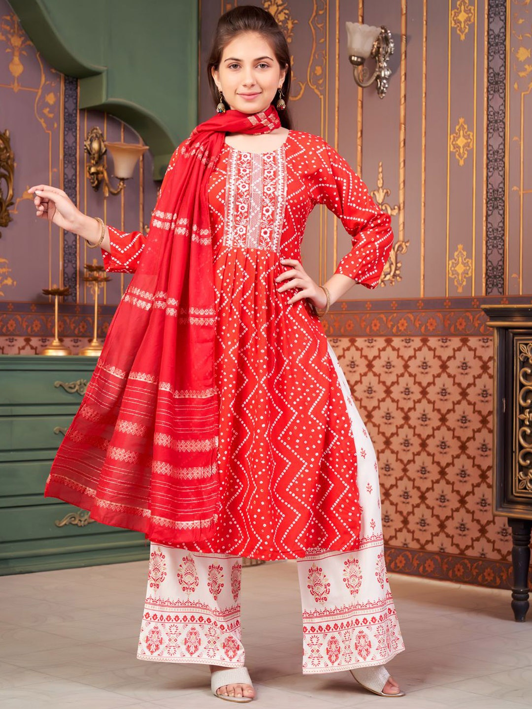 

Aarika Girls Printed Mirror Work Anarkali Kurta, Red