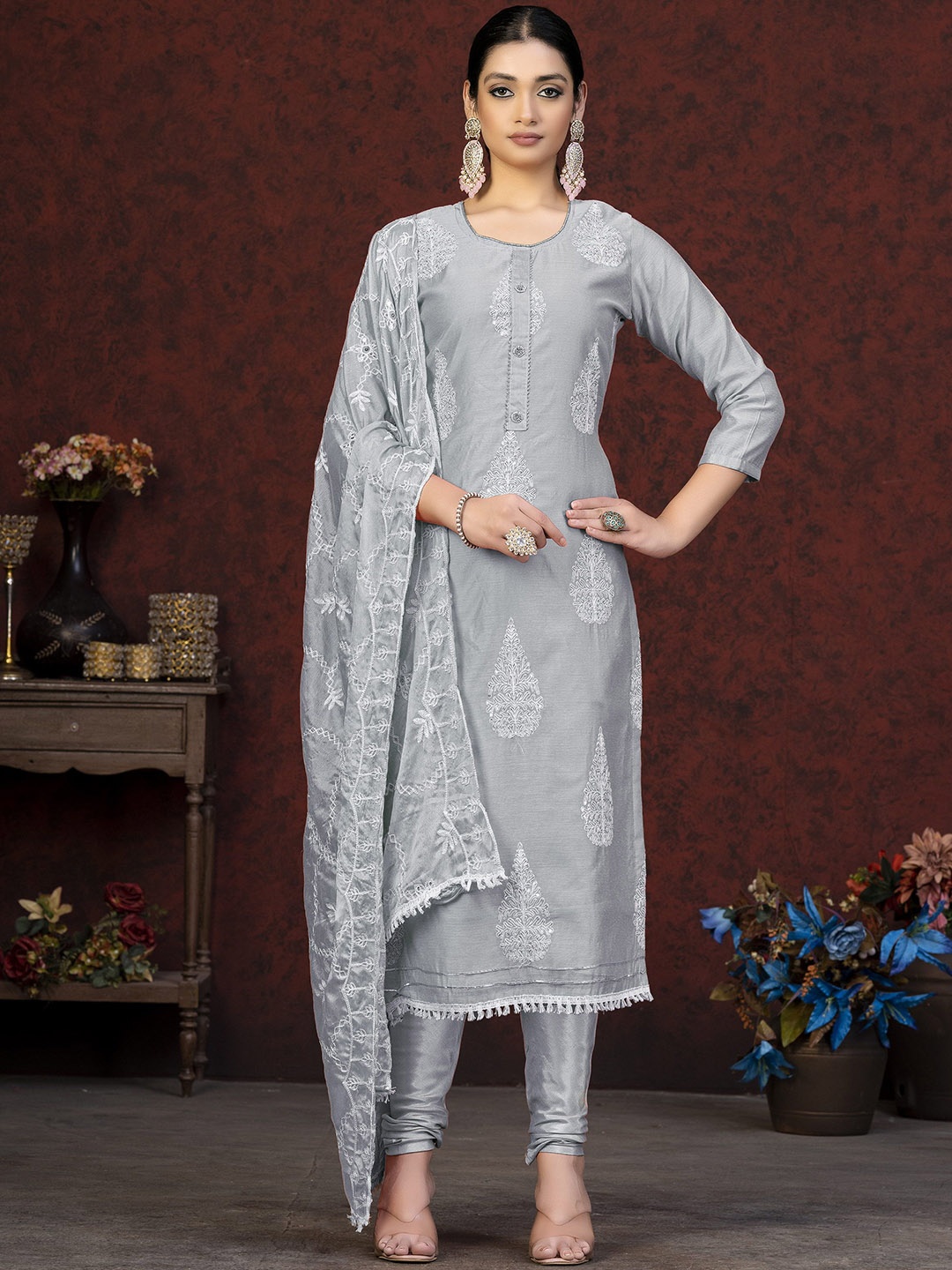 

SAINOOR Embroidered Semi-Stitched Dress Material, Grey