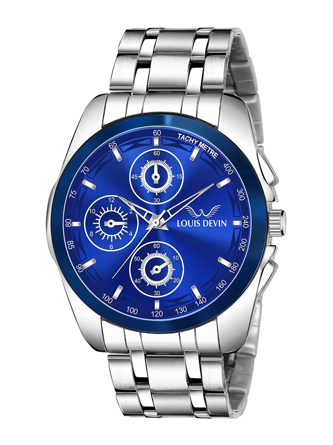 

LOUIS DEVIN Men Brass Embellished Dial & Stainless Steel Bracelet Style Straps Analogue Watch LD-G036-BLUE, Silver