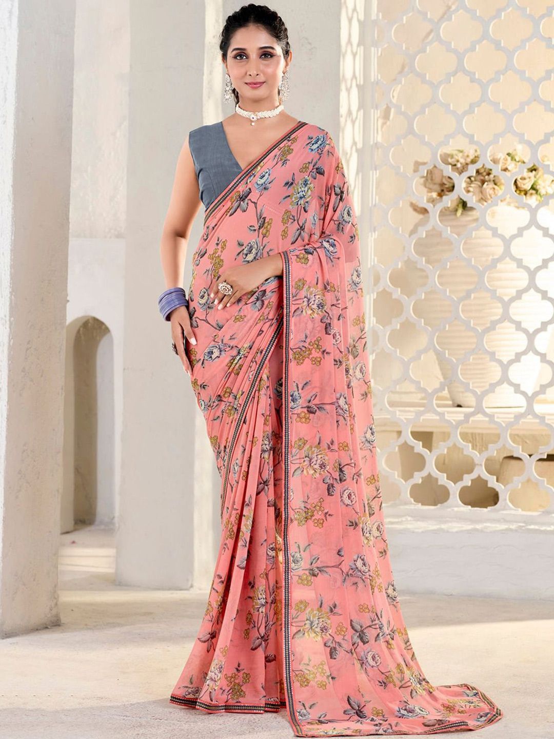 

DIVASTRI Floral Sequinned Pure Georgette Saree, Rose
