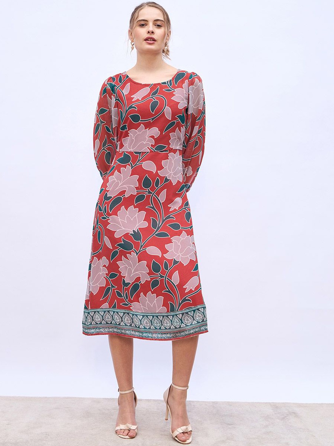 

Styli Floral Print Puff Sleeve A-Line Midi Dress, Rust