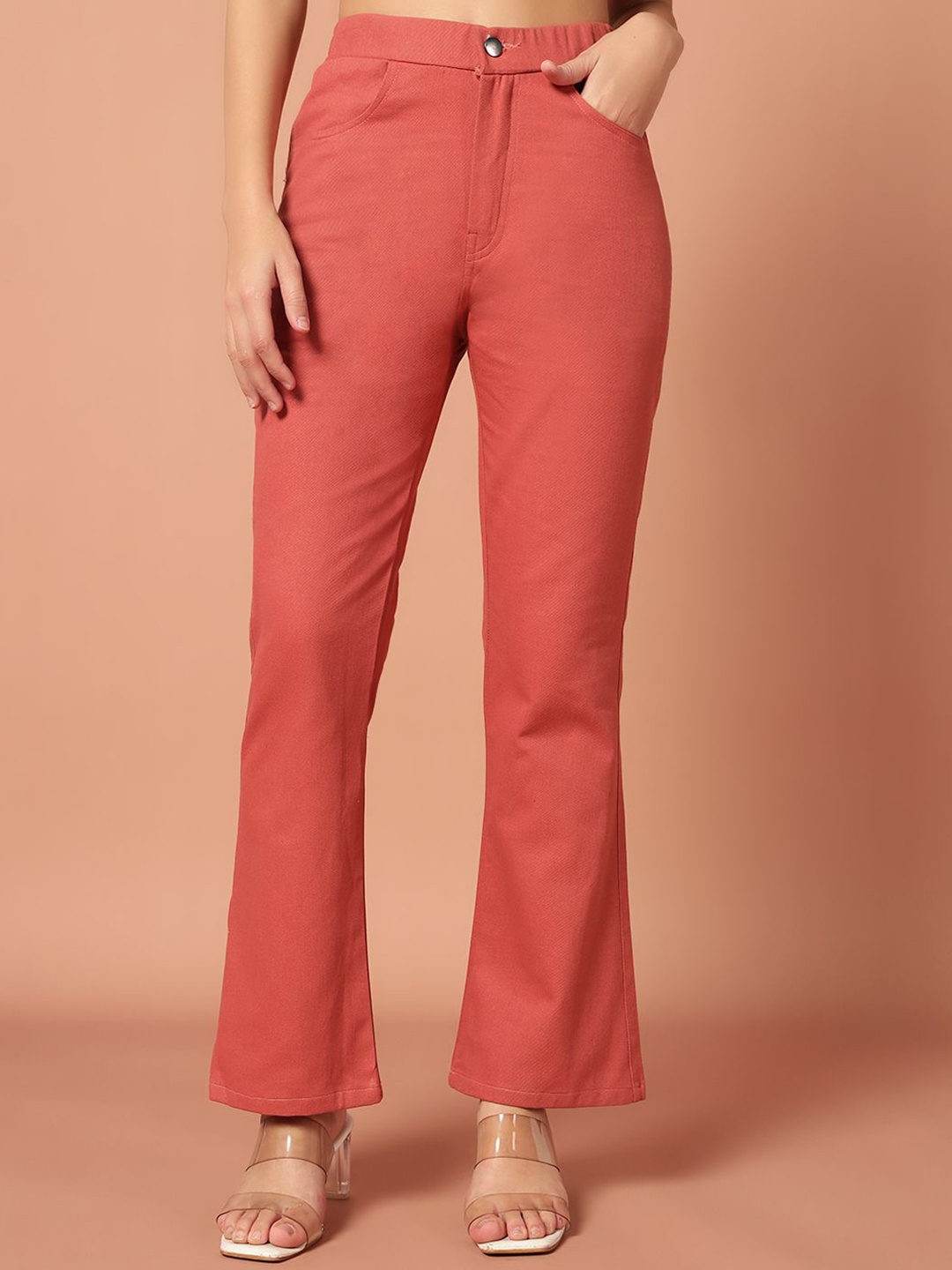 

Mast & Harbour Women Flared High-Rise Easy Wash Trousers, Rust