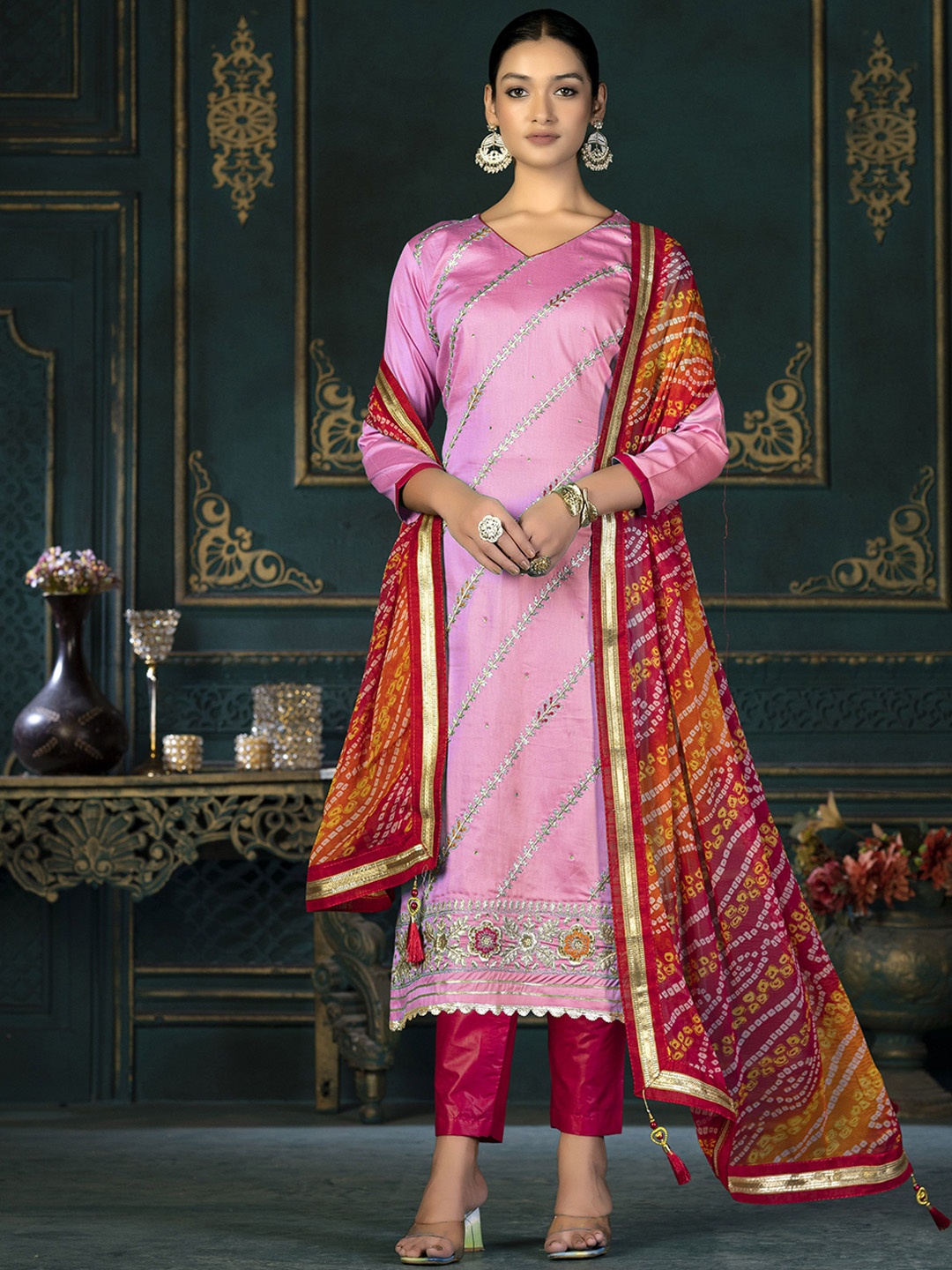 

SAINOOR Embroidered Pure Cotton Semi-Stitched Dress Material, Pink