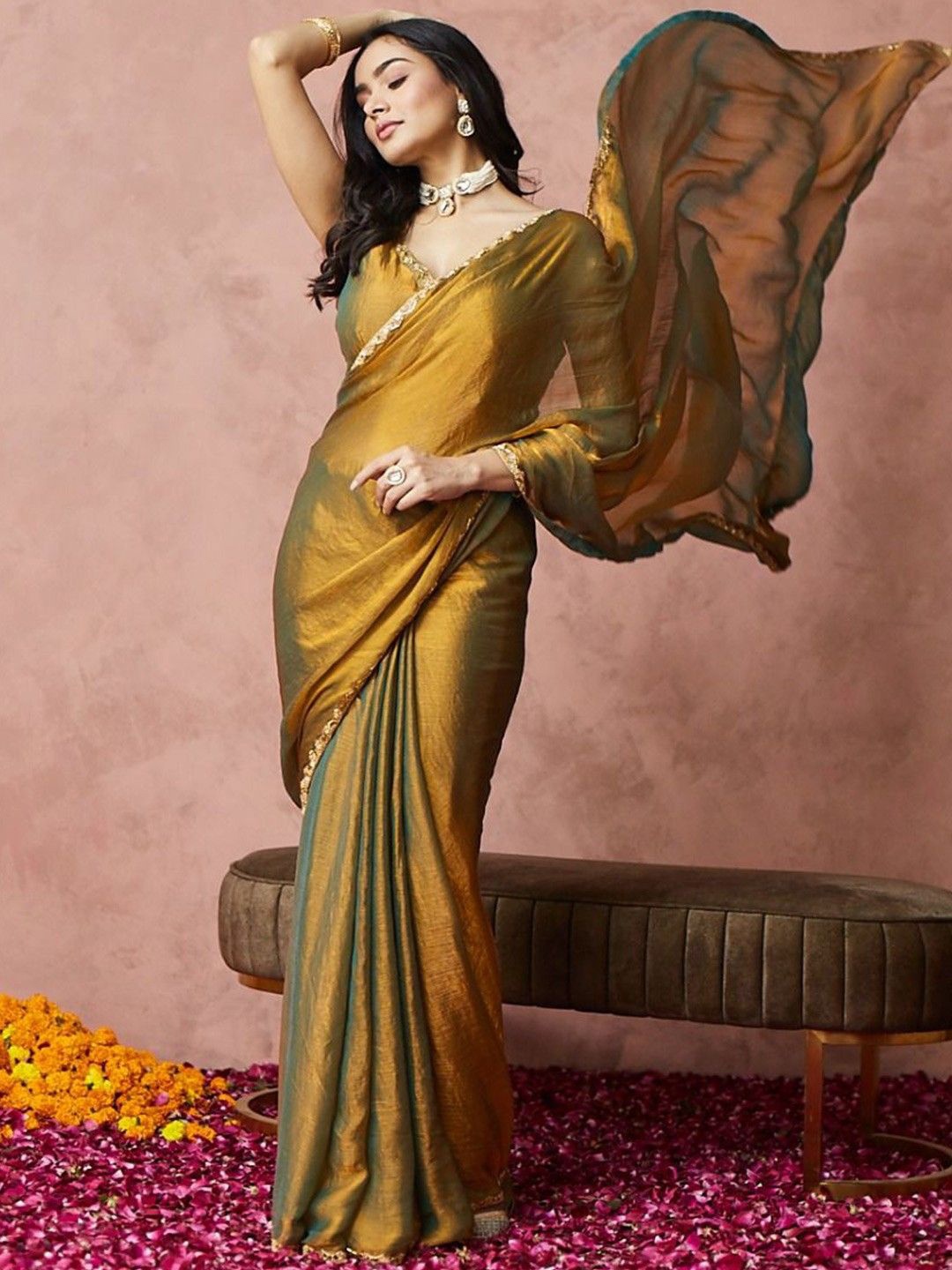 

SWADESI STUFF Beads and Stones Silk Blend Saree, Gold