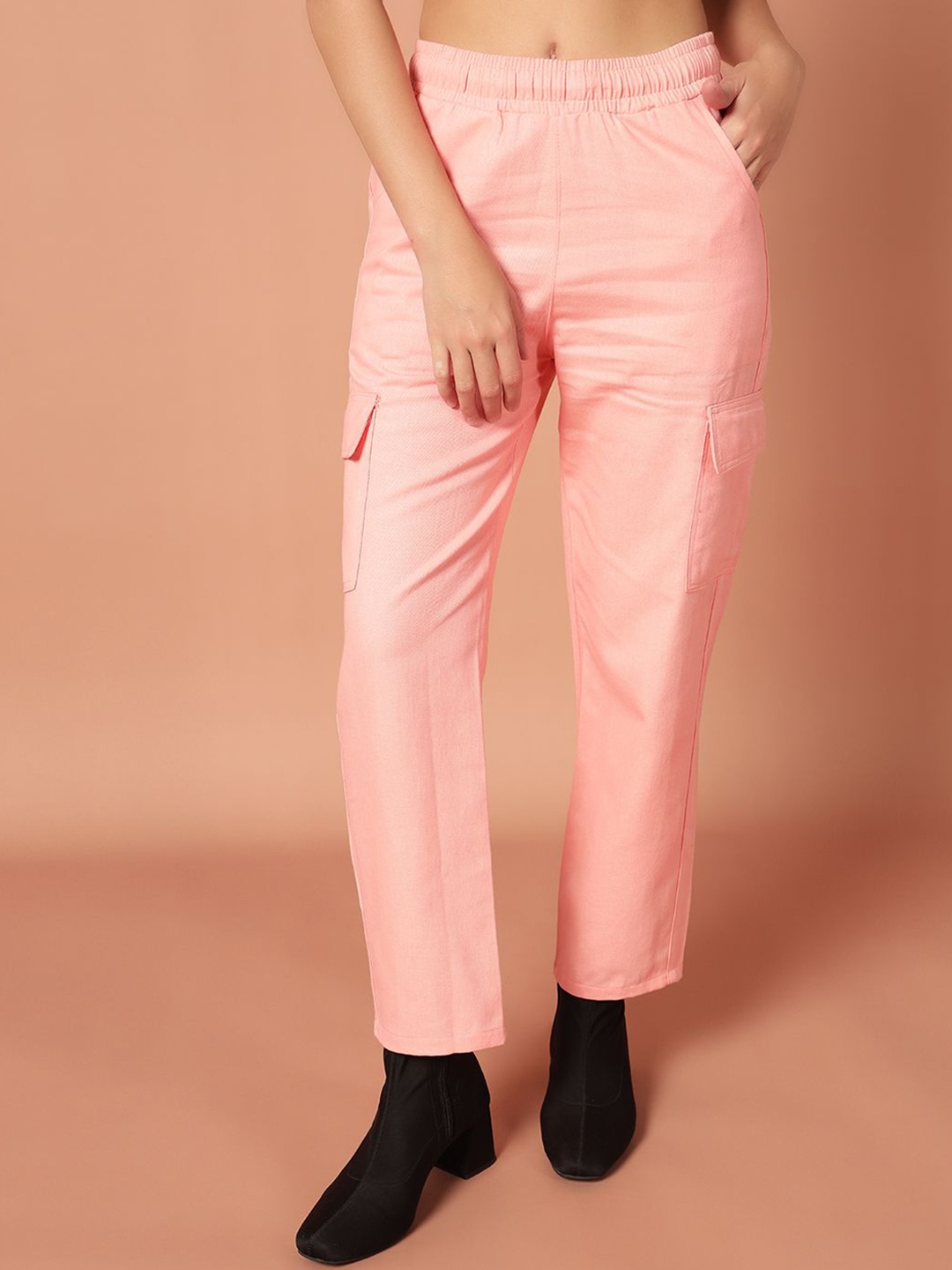 

Mast & Harbour Women Loose Fit High-Rise Easy Wash Cargos Trousers, Peach