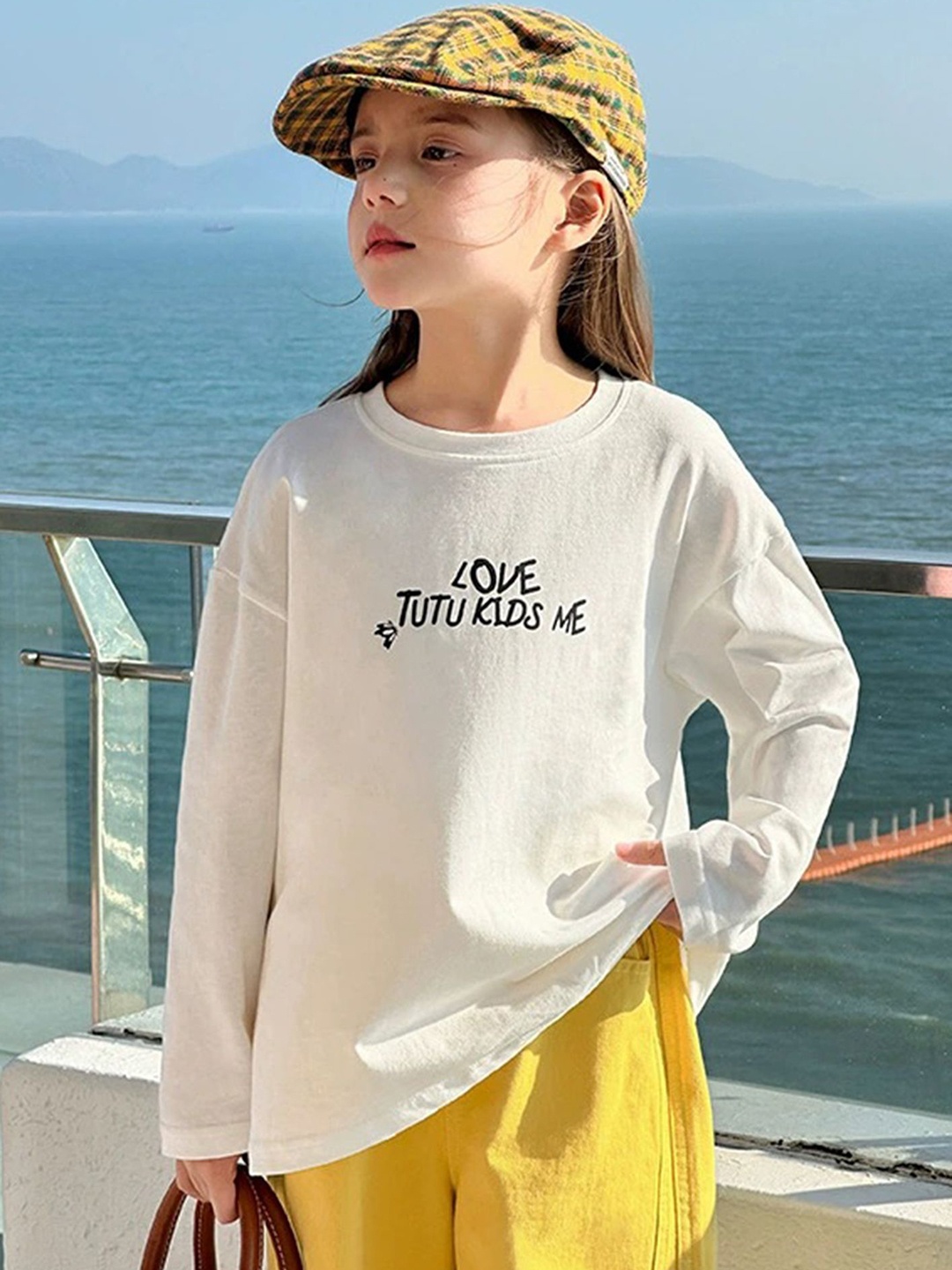 

LULU & SKY Girls Printed Pure Cotton Raw Edge T-shirt, White