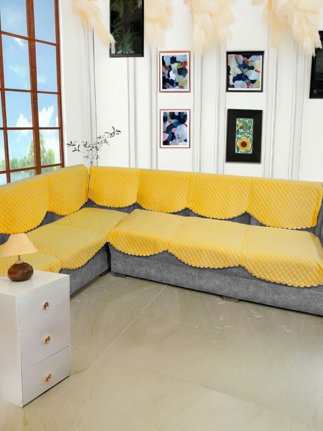 

BIGGER FISH Yellow Checked Velvet Sofa Cover