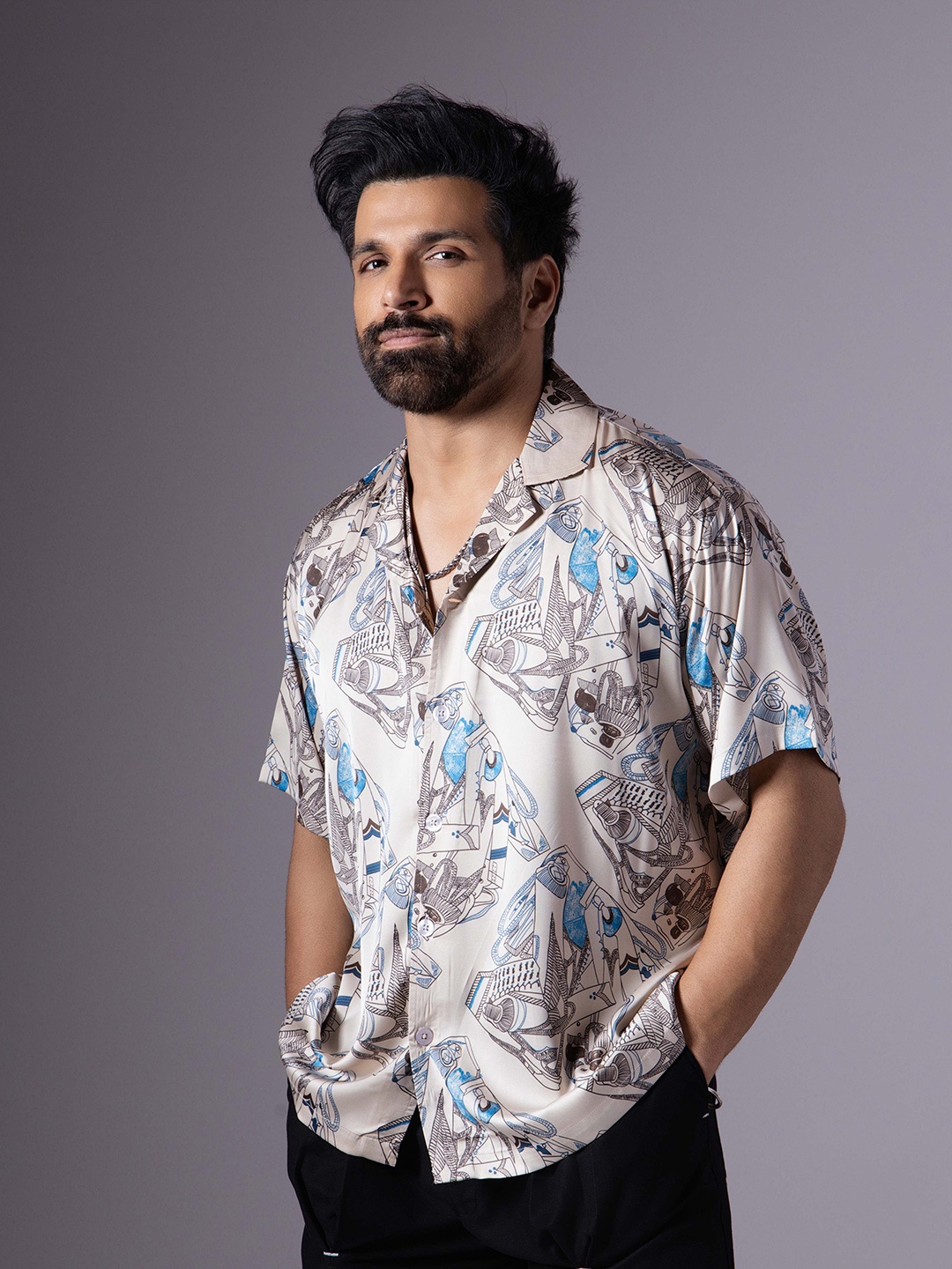

HOP HEAD Men Opaque Printed Party Shirt, Cream