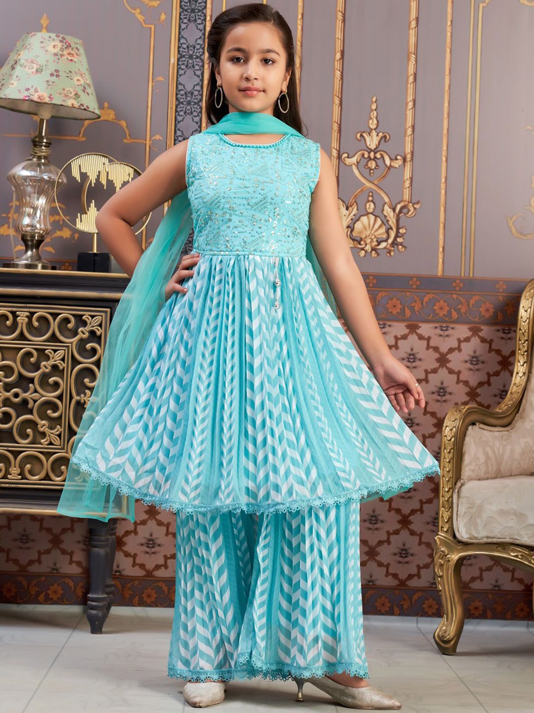 

Aarika Girls Embroidered Regular Kurta with Sharara & With Dupatta, Sea green