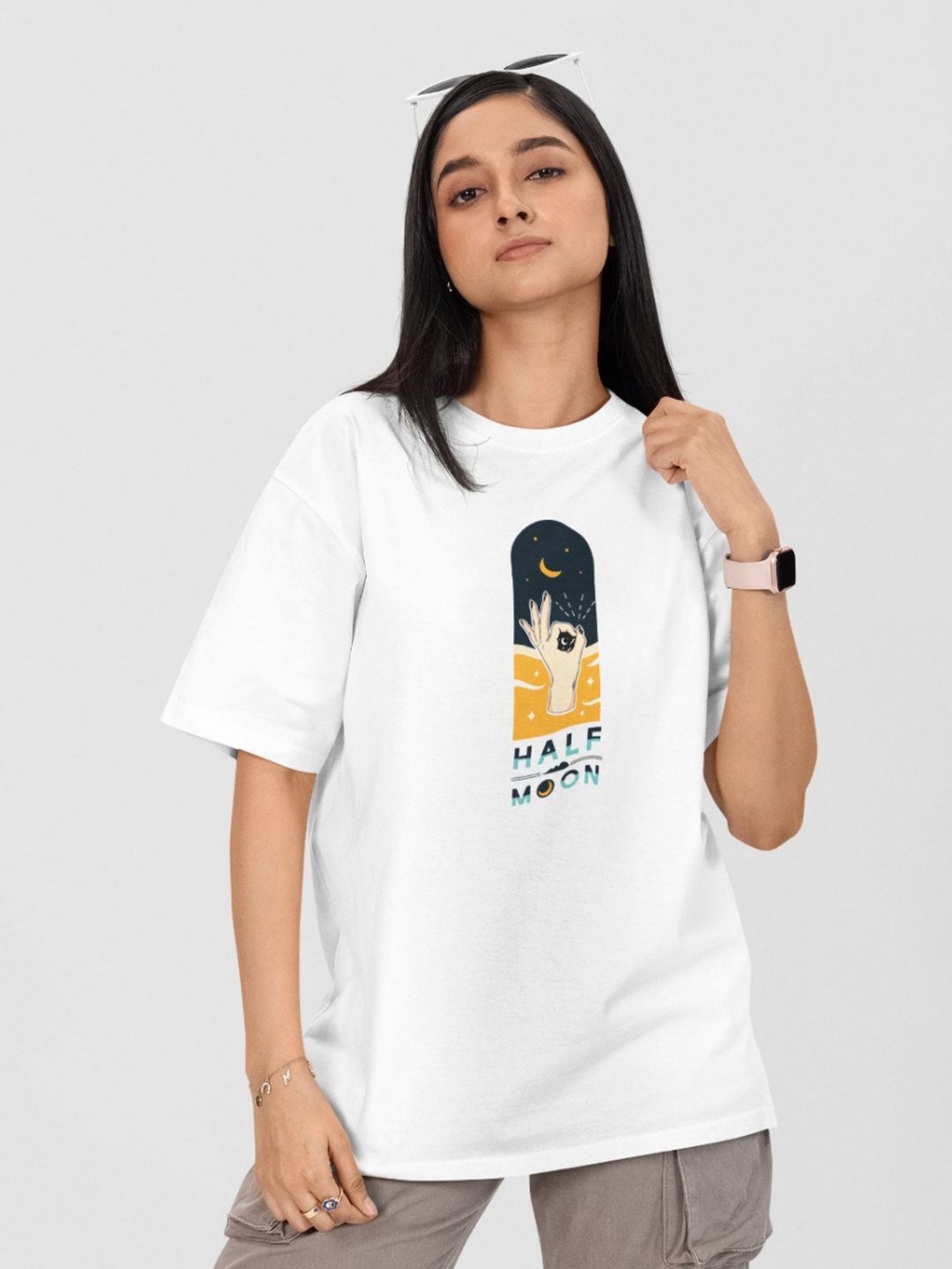 

Moda Rapido Women Printed Drop-Shoulder Sleeves Pockets T-shirt, White