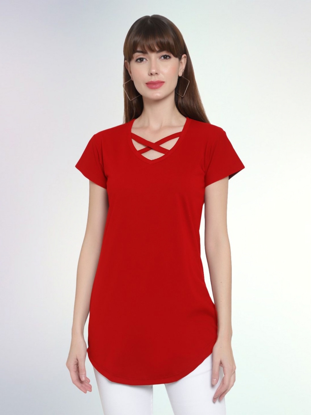 

Boldwink Women V-Neck Cut Outs Slim Fit T-shirt, Red