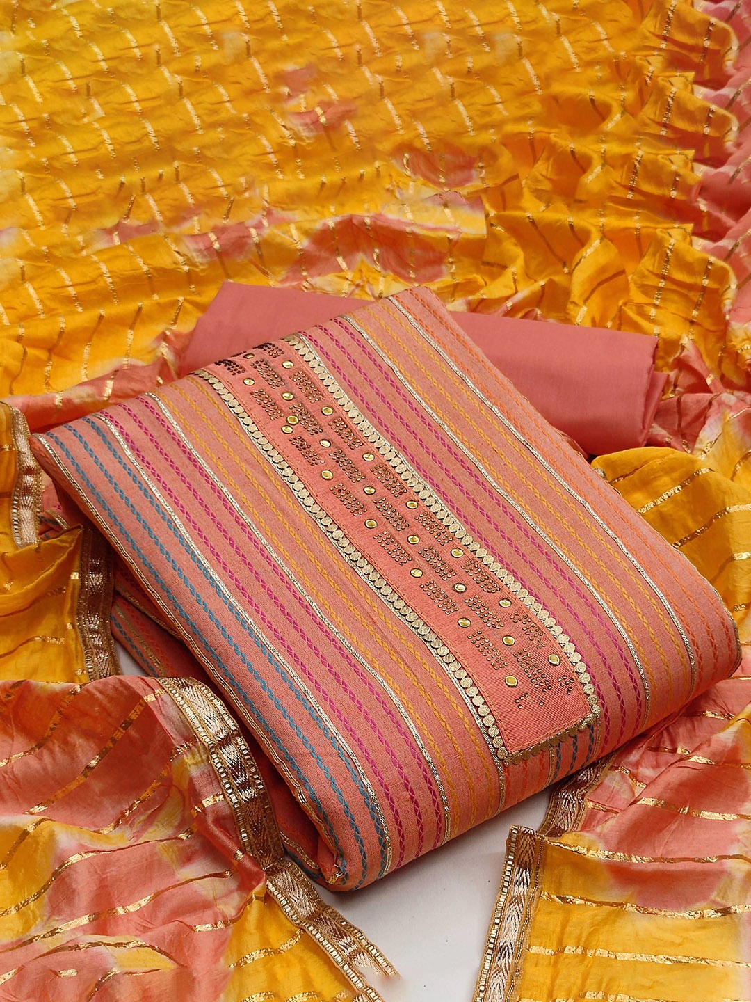 

SAINOOR Embellished Pure Cotton Semi-Stitched Dress Material, Peach