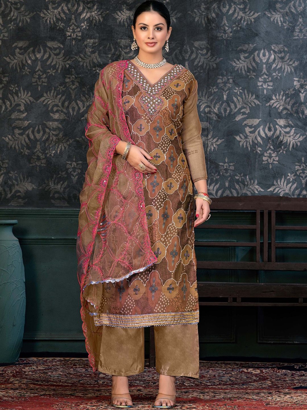 

SAINOOR Embroidered Organza Semi-Stitched Dress Material, Brown