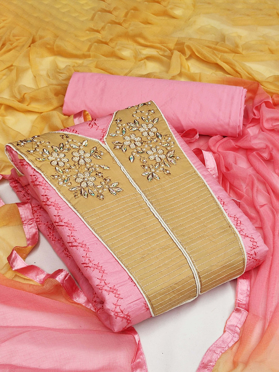 

SAINOOR Embroidered Semi-Stitched Dress Material, Pink