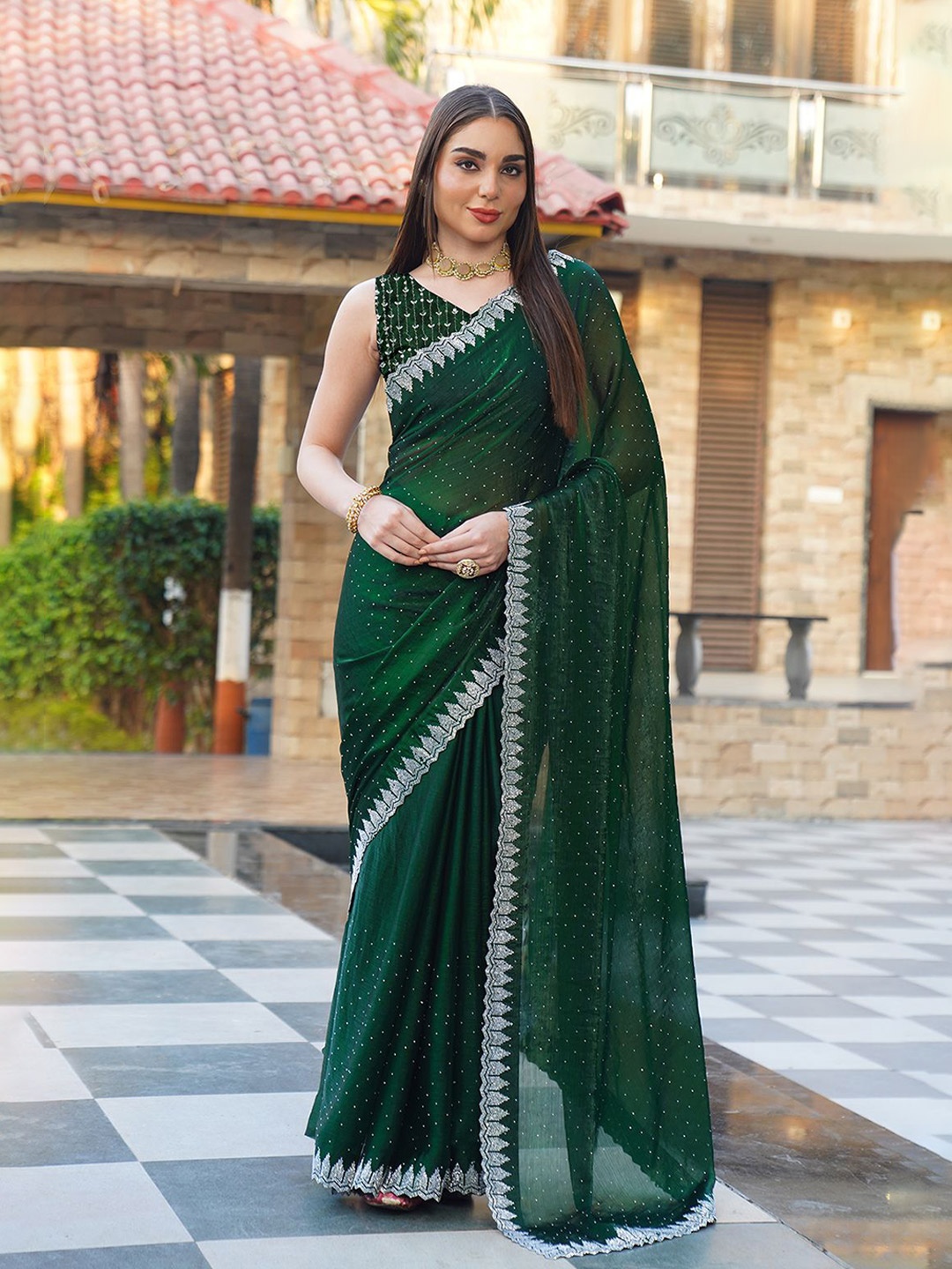 

A.V.M. SILK MILLS Embellished Beads and Stones Pure Chiffon Heavy Work Saree, Turquoise blue