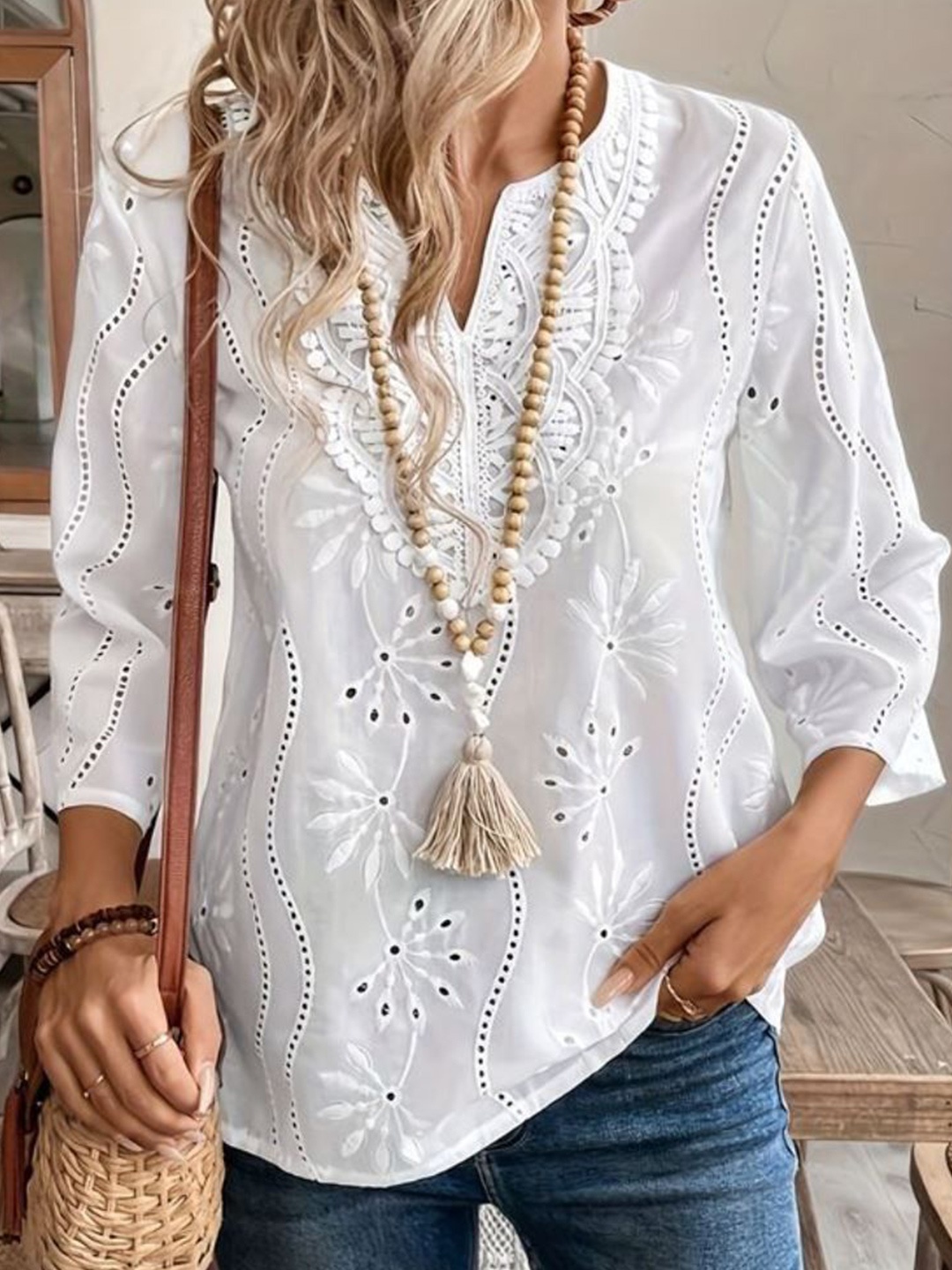 

all about you Embroidered Schiffli Shirt Style Top, White