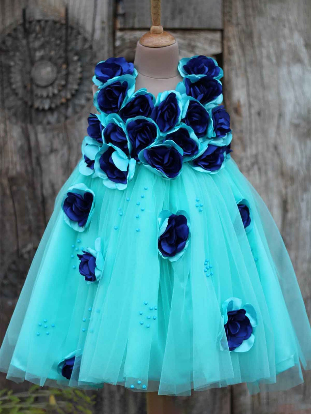 

Li & Li Girls Boutique Light Sky Blue and Royal Blue Flower Frock, Turquoise blue