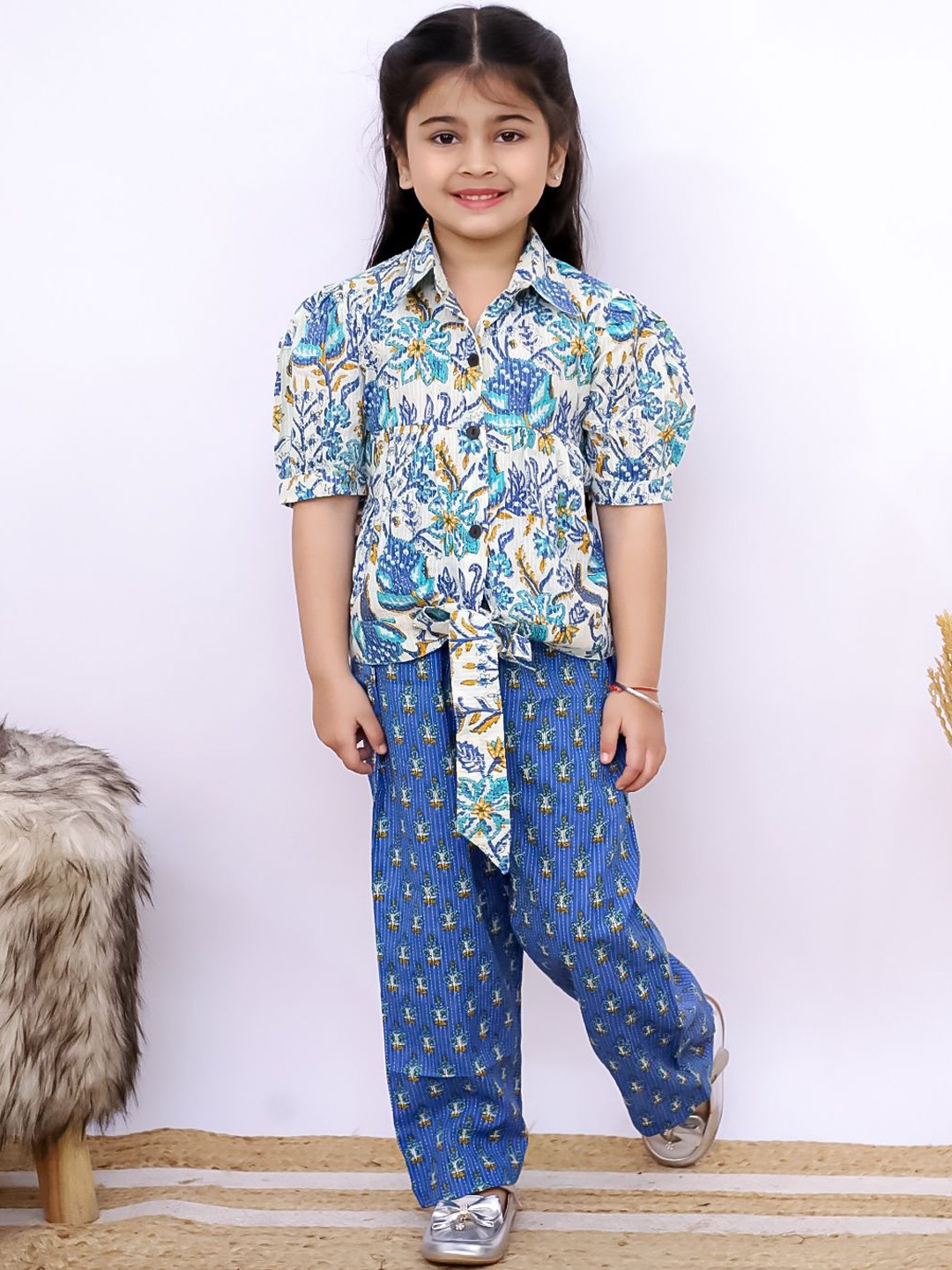 

UNBIND Girls Printed Cotton Shirt with Trousers Clothing Set, Blue