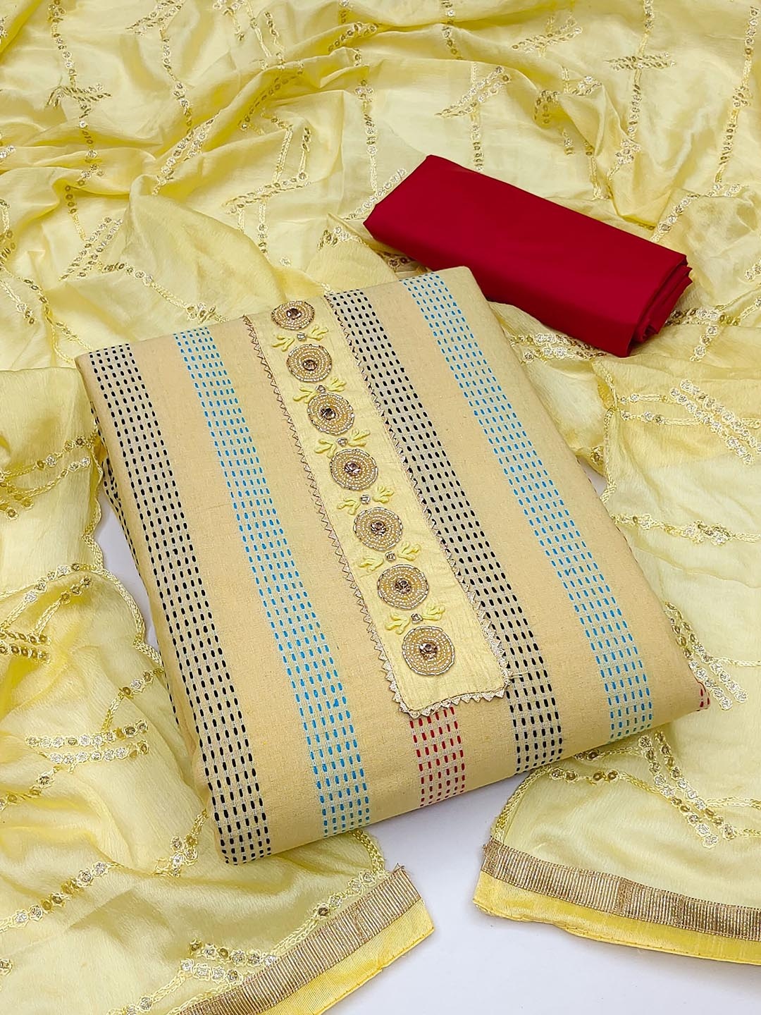 

SAINOOR Embroidered Pure Cotton Semi-Stitched Dress Material, Yellow
