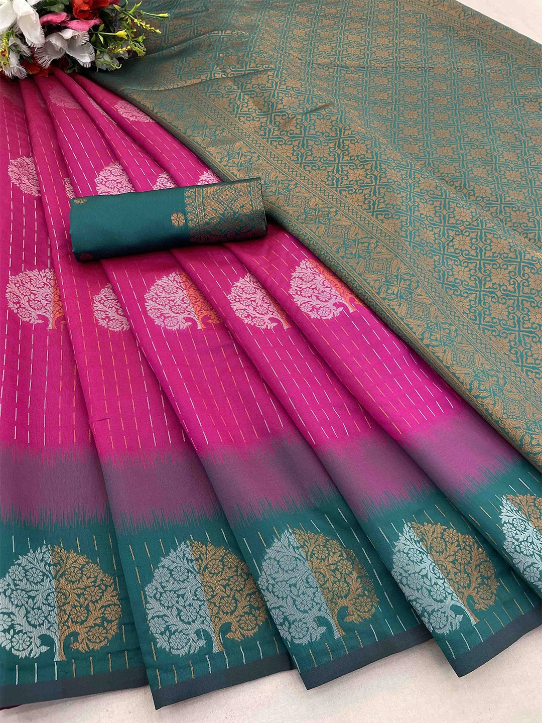 

KALINI Woven Design Zari Silk Blend Banarasi Saree, Pink